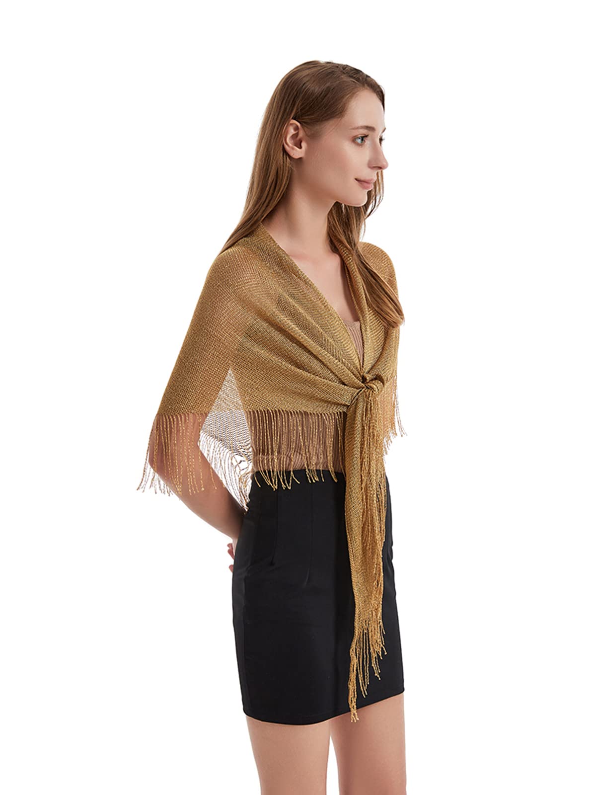 Châle Triangle Multifonctionnel Femme 190x60cm | Etole Métallique Echarpe avec Frange Brillant pour Mariage Bal Cocktail
