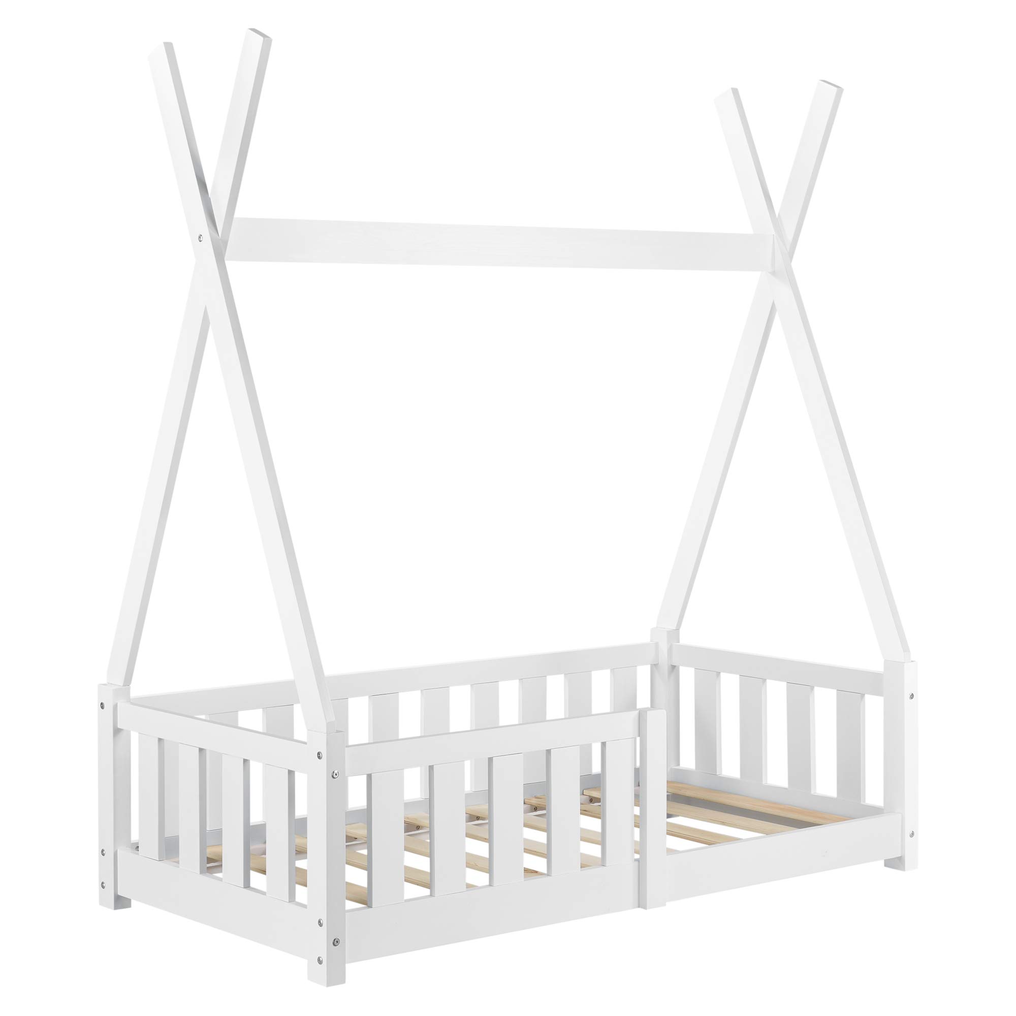 [en.casa] Letto per Cameretta a Forma di Capanna con Sponde Anticaduta Lettino Tipi per Bimbi Design Montessori Legno di Pino 70x140 cm Bianco