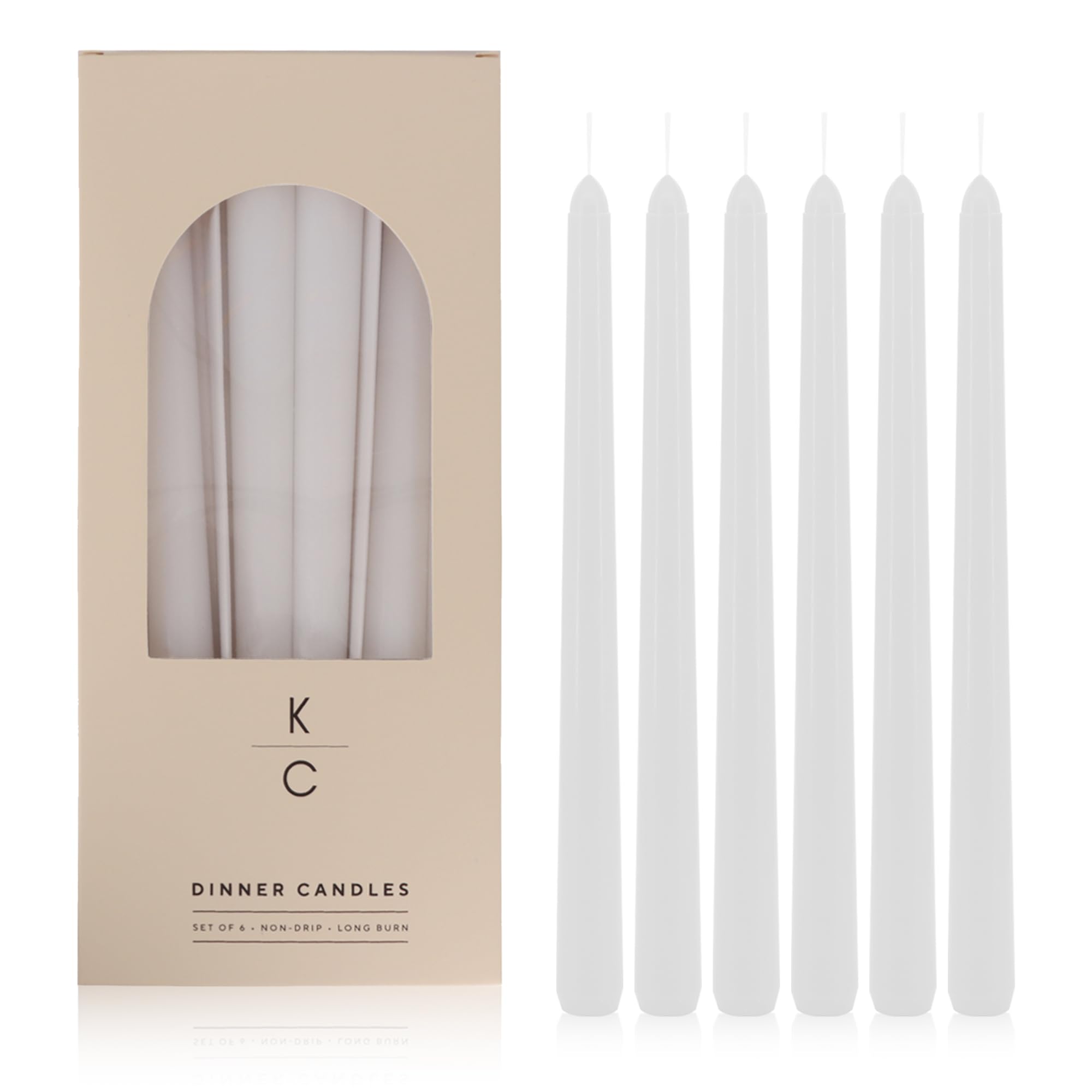 Tapered Dinner Candles, Pack of 6 – Soy &amp; Paraffin Wax Blend, 10-Inch Dripless Taper Candles with 7-Hr. Clean Burn – Smokeless Unscented Tapers for Weddings, Dinner Tables &amp; Home Decor – White