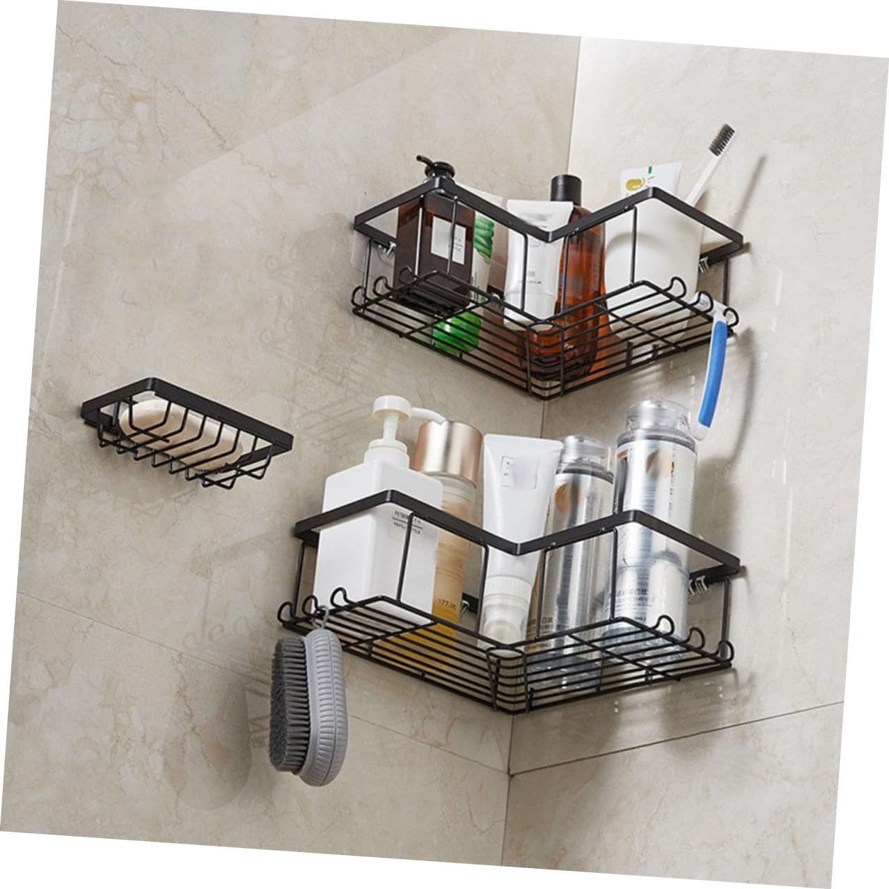 1 Set Estantes para Ducha Ducha Adhesiva Bañera Gancho L-Shaped Acero al Carbono Almacenamiento Multiusos para Baño