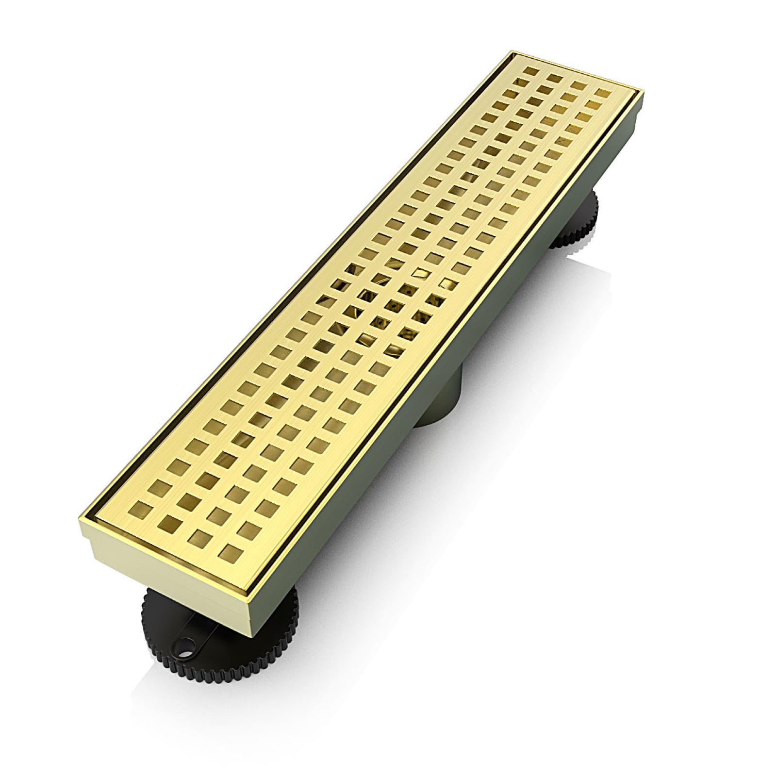 12 Inch Linear Shower Drain Rectangular Floor Drain with Accessories Square Hole Pattern Cover Grate Removable SUS304 Stainless Steel CUPC Certified Brushed Gold