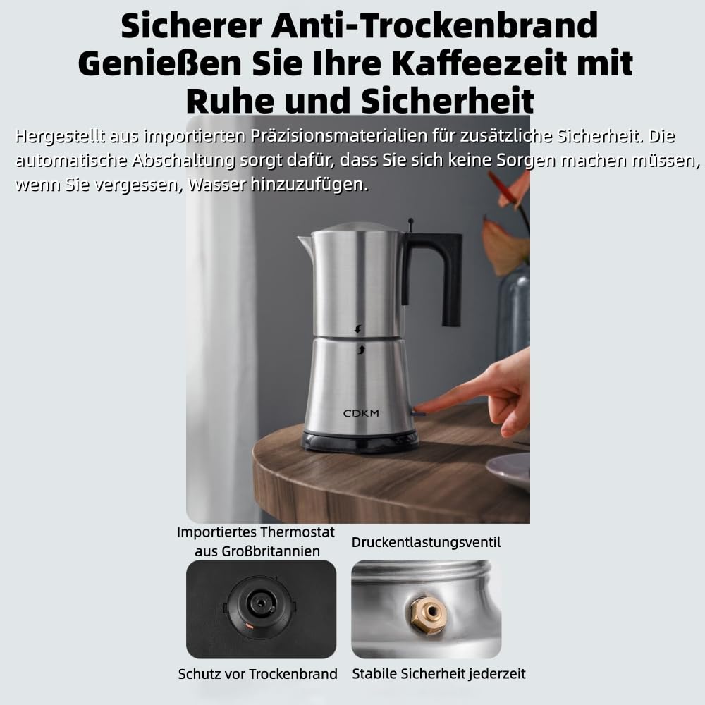 Espressokocher Elektrisch, Edelstahl Moka pot, One-Touch, 3-6 Tassen | Automatische Mokka-Kaffeemaschine, italienische Espressomaschine, Automatische Abschaltung, 340 ml Espressomaschine