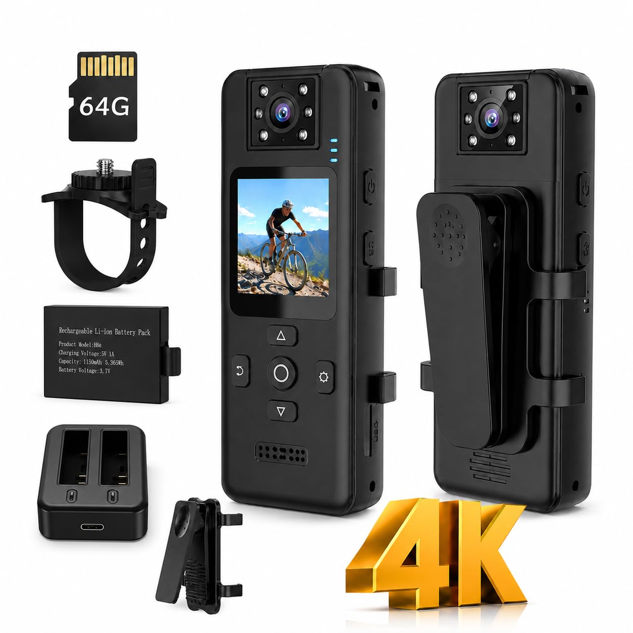 4K Bodycam Körperkamera Mini mit Audio und Video, 180° Drehbares Objektiv, Nachtsicht, Bewegungserkennung, SOS Alarm, 64GB Speicherkarte, Dual Akku & Ladestation für Sicherheit Outdoor Reisen