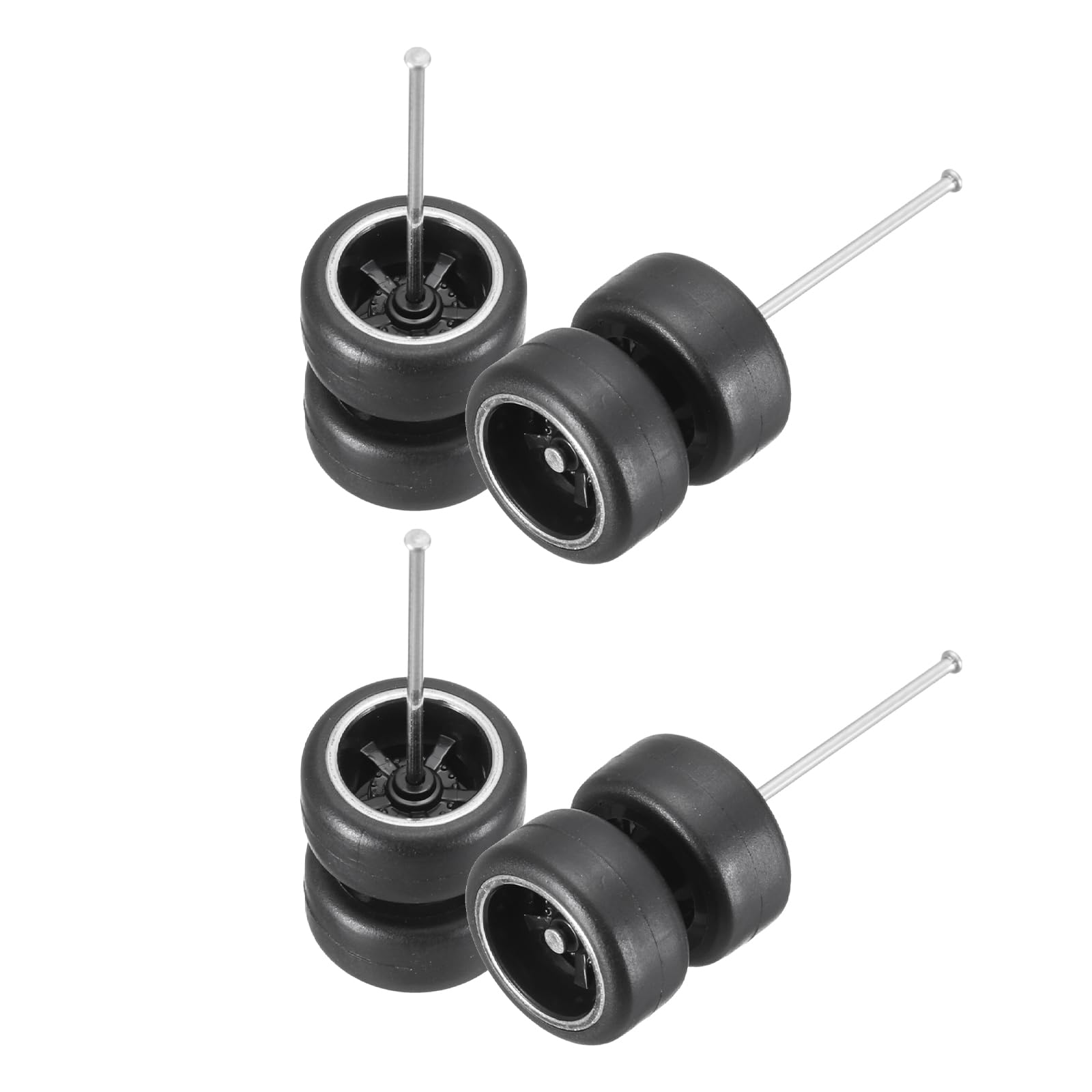 sourcing map 4 Set 1/64 Wheels and Tires Set, Real Riders Rims Includes Axles for RC Diecast Car DIY Model, 5-Spoke Silver Line Black Rims