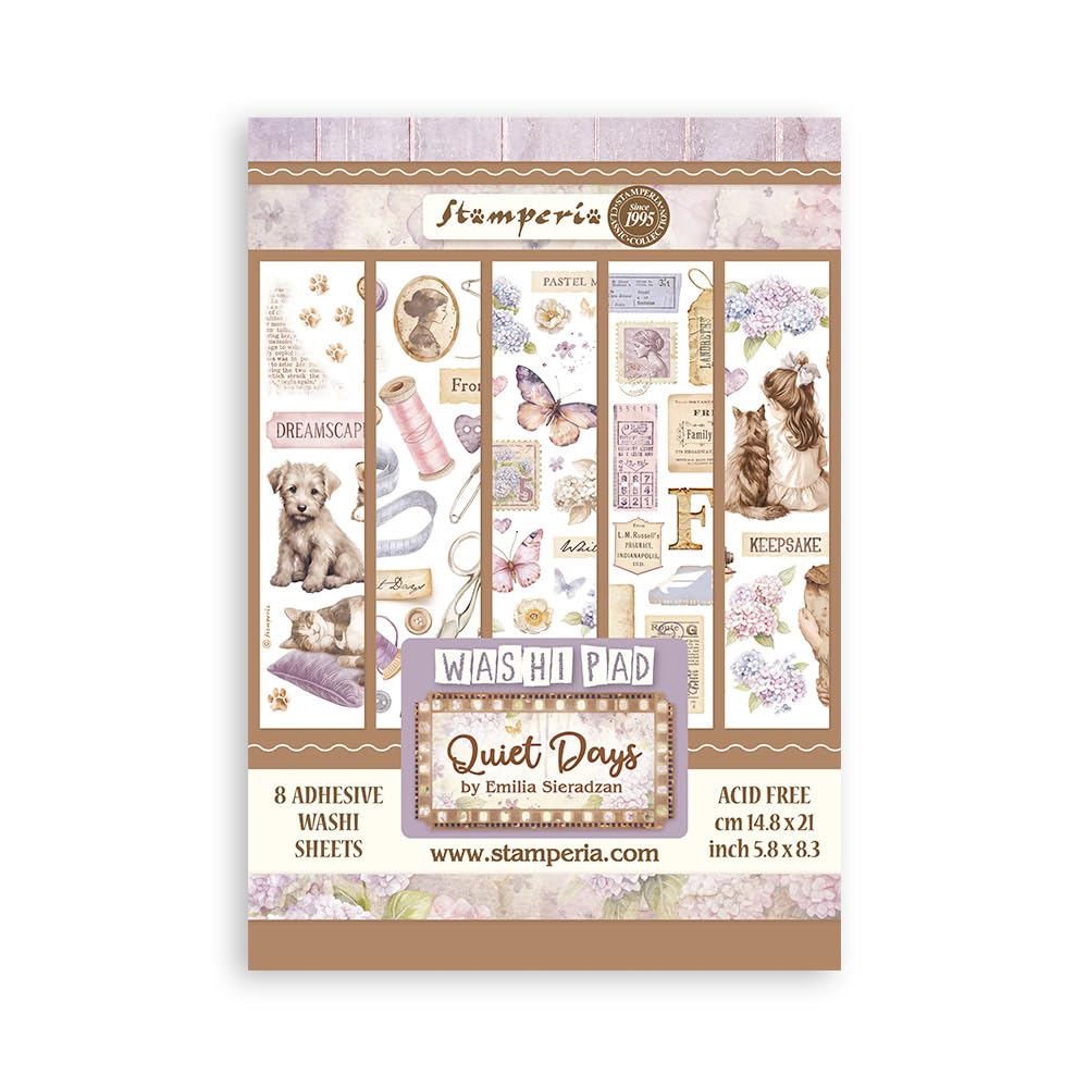 Stamperia - Washi Pad for Scrapbooks, Albums, Cards, Bullet Journals and More, Translucent and Easy to Cut, Acid Free, Perfect for Hobbies, Crafts, and Gifting (Quiet Days) (A5) (8 Sheets)