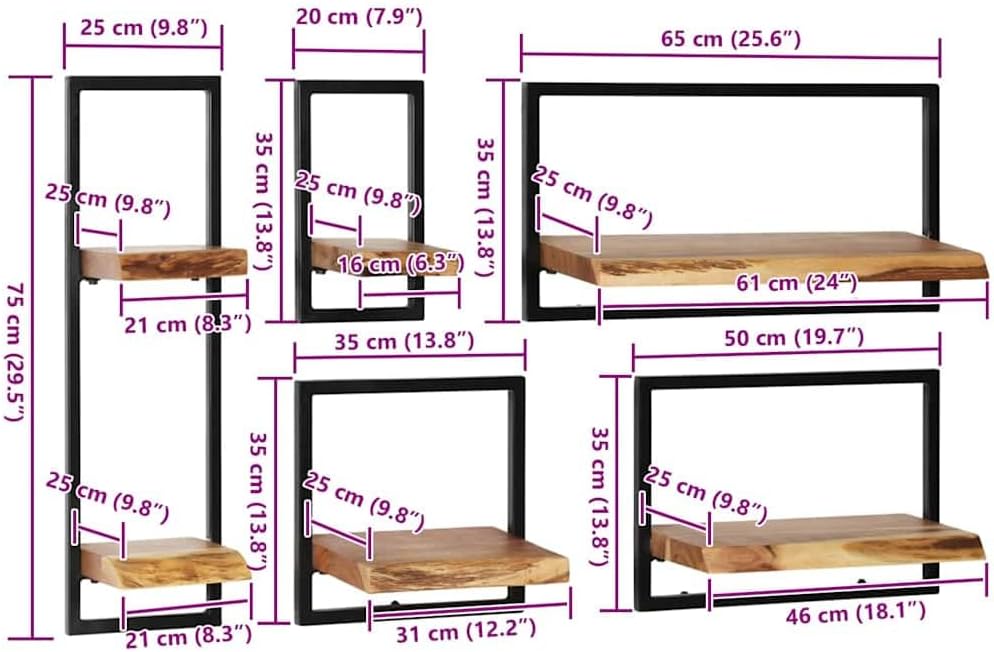 Wall Shelf Set of 5 Acacia Wood Brown and Black Industrial Rustic Wall Mounted Shelves for Home Storage and Display