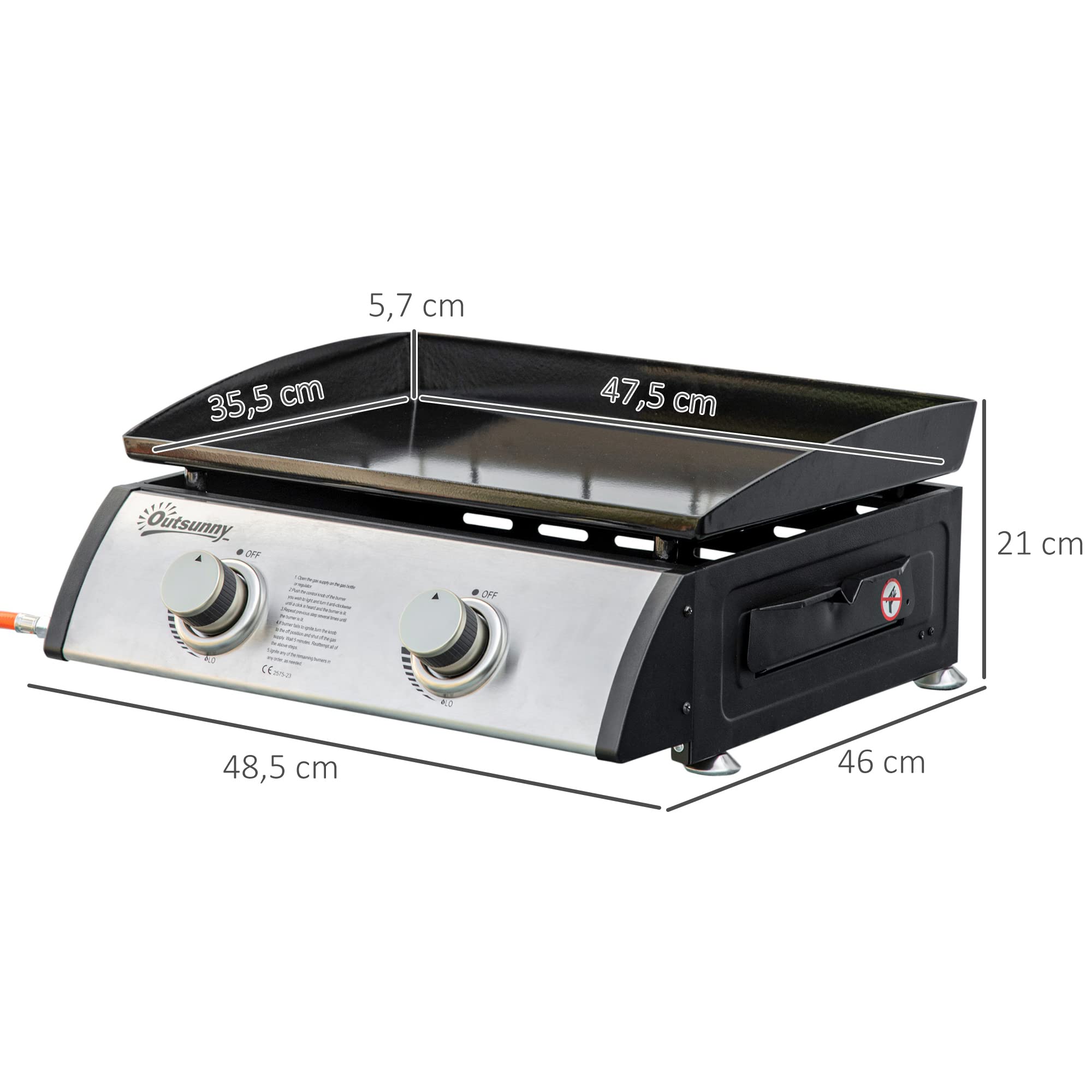 Outsunny Grill stołowy grill gazowy BBQ z 2 palnikami, stołowy grill gazowy z wężem, nieprzywierająca płyta grillowa, grill kempingowy na piknik, do ogrodu, stal nierdzewna + metal, srebrny, 48,5 x 46 x 21 cm