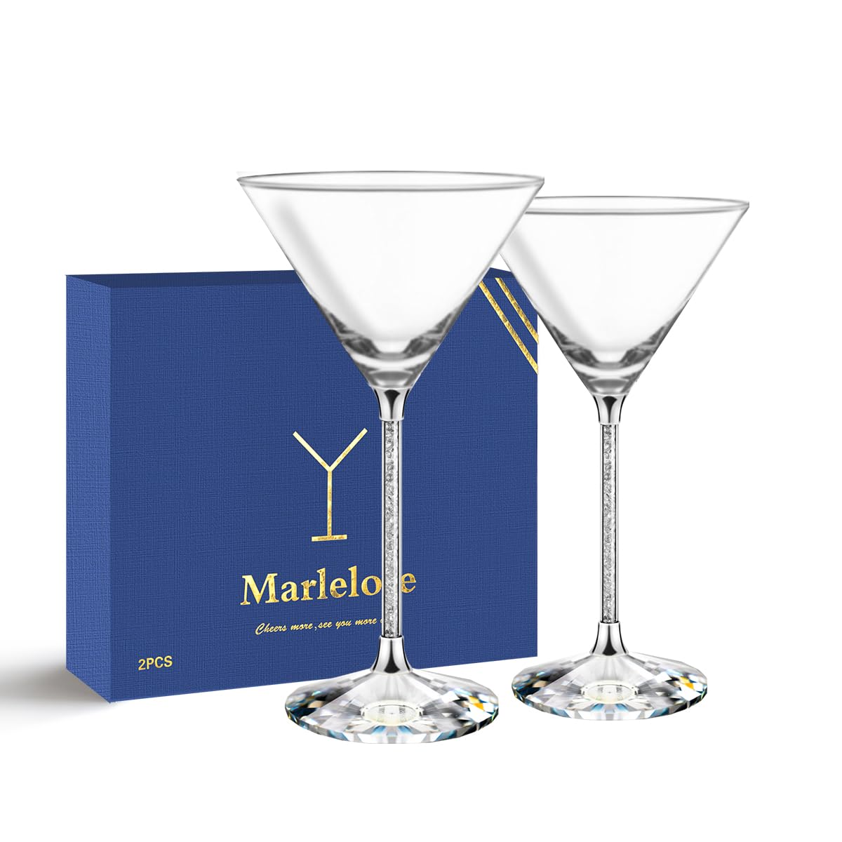 Martini Glasses set of 2,Silver Diamonds,Crystal Wine Glasses,Large and Fancy Cocktail Glasses.Champagne Glasses,Luxe&Art Deco Glasses,10oz,For Bar,Family Gatherings,Unique Gifts. (2, Gold)