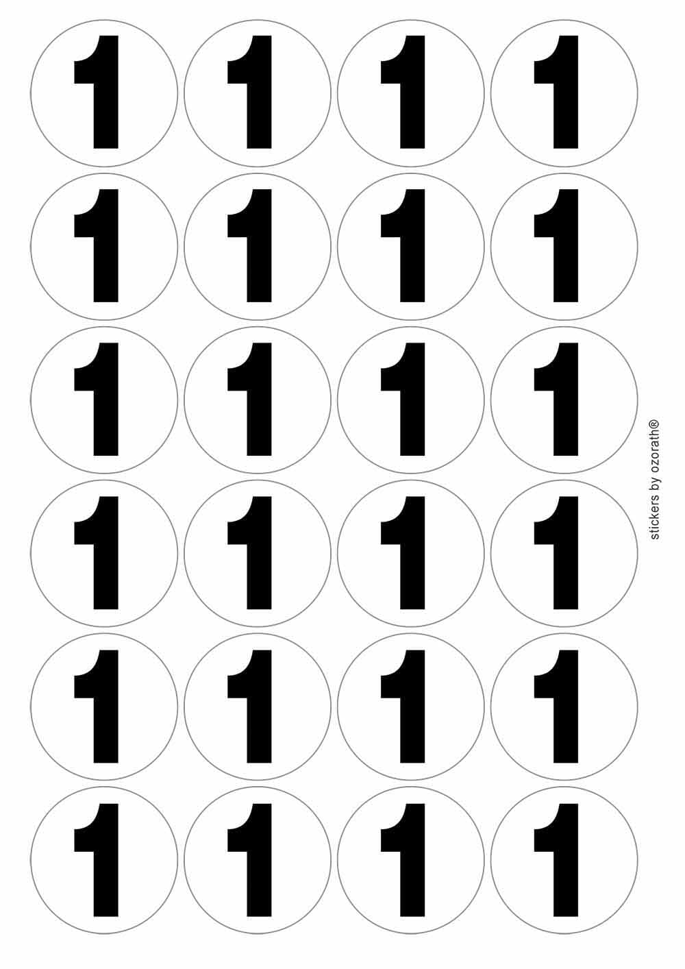 Plain Number 1 One Circular Matt Paper Stickers A4 Sheet of 24 (Each Sticker is 45mm Diameter)