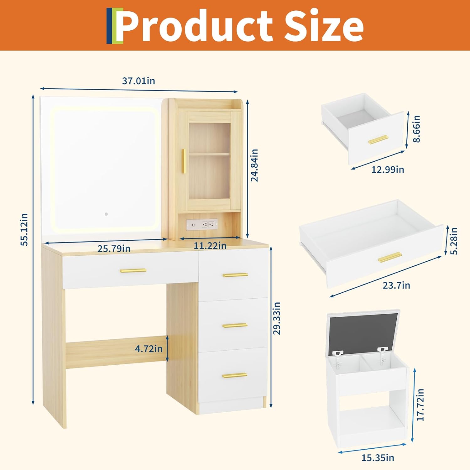 Vanity Desk with Mirror and Lights,Modern Makeup Dressing Table with Built In Outlets, Storage Stool,4 Drawers & Hair Dryer Holder,Vanities with 3 Colors LED Vanity Mirror,37*15.75*55.12 Inch