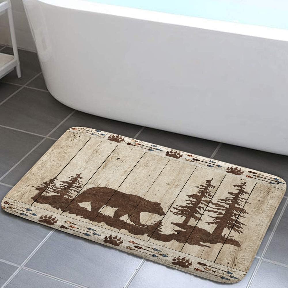 DYNH Bear Bath Mats Rugs for Bathroom, Wild Animals Rustic Cabin Forest Flannel Bathroom Floor Mat Bath Shower Rug Non Slip, Bear Print Wooden Board