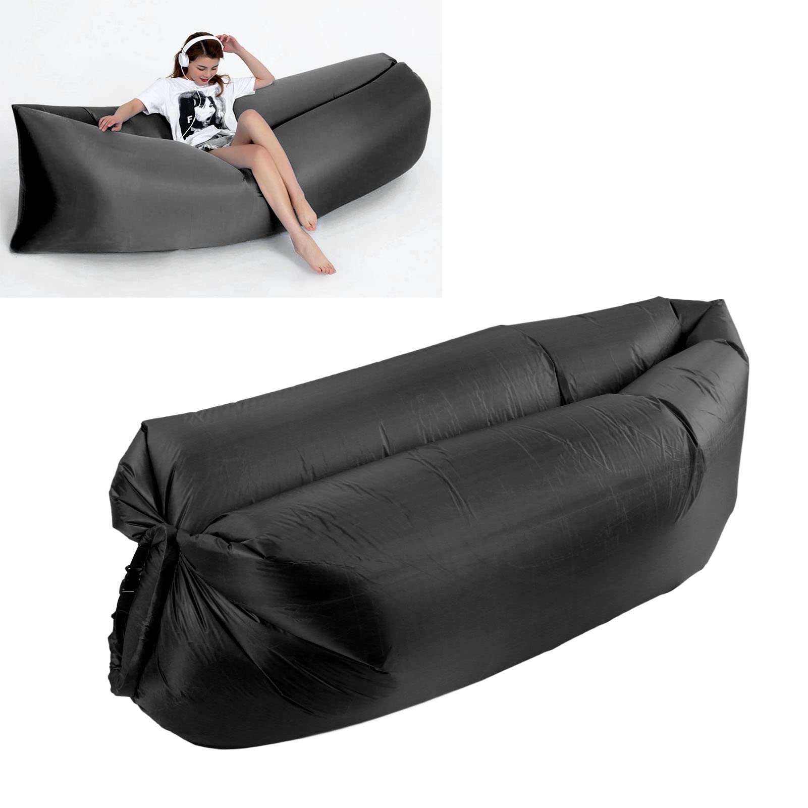 Inflatable Lounger Air Sofa, Wear Resistant Inflatable Couch Foldable Portable Moderate Size Ergonomic Comfortable Easy Inflation with Storage Bag for Camping (Black)