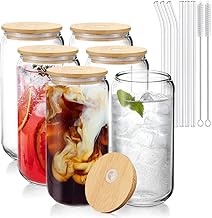 OVHayi Glass Cups with Bamboo Lids , 16oz Glasses Drinking Set 6pcs, Can Shaped Glass Cups, Iced Coffee Cup, Beer Can Glasses,Drinking Glasses for Juice, Tea, Coke, Martini,Whiskey, Water, Gift - Cleaning Brushes and Glass Straw
