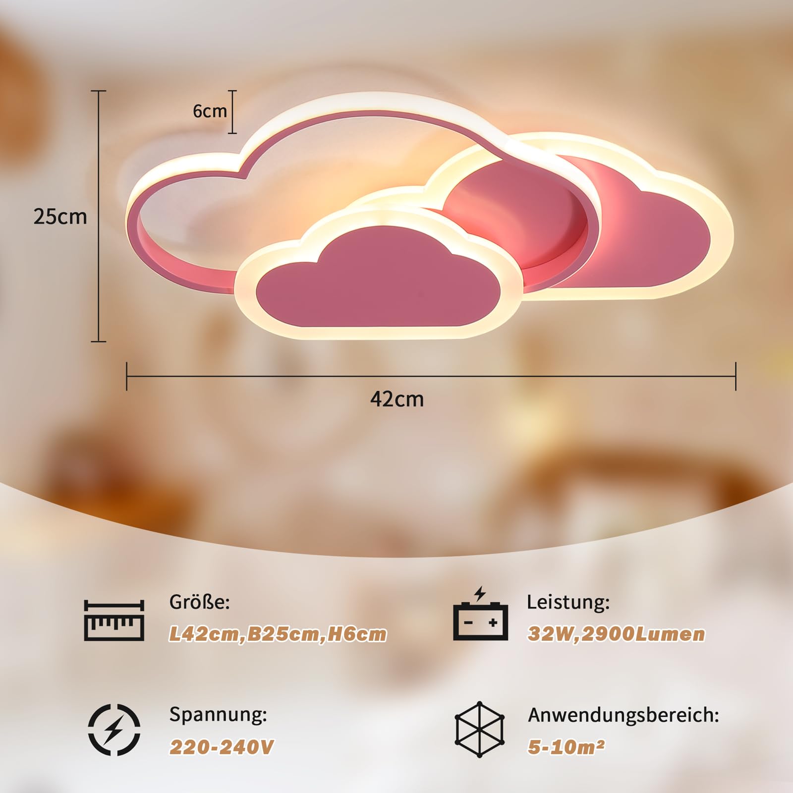 LED Deckenleuchte 32W Kinderzimmer Lampe Decke, Kreative Wolkenlampe, LED Lampen Deckenlampen Dimmbar mit Fernbedienung 3000K-6000K, 42CM Rosa Deckenlampe für Wohnzimmer, Schlafzimmer
