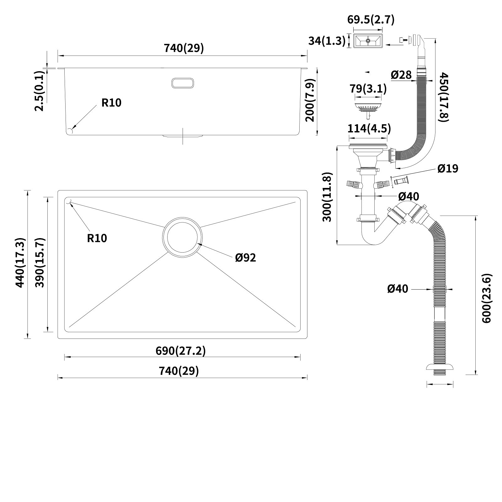 Lonheo Lavello Cucina 1 Vasca 74 x 44 CM, Nano lavandino Nero, Grande lavabo cucina in Acciaio Inox Finitura Nanotecnologica, Lavello Cucina Vasca Singola Con Kit Di Scarico, Da Appoggio o Filotop
