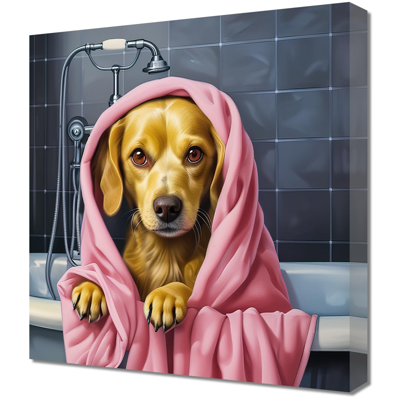 LMYSXAOZ Bathroom Dog Picture Wall Art - Funny Bathing in Tub Canvas Painting Prints Animal Poster for Home Decor Framed (24.00" x 24.00")