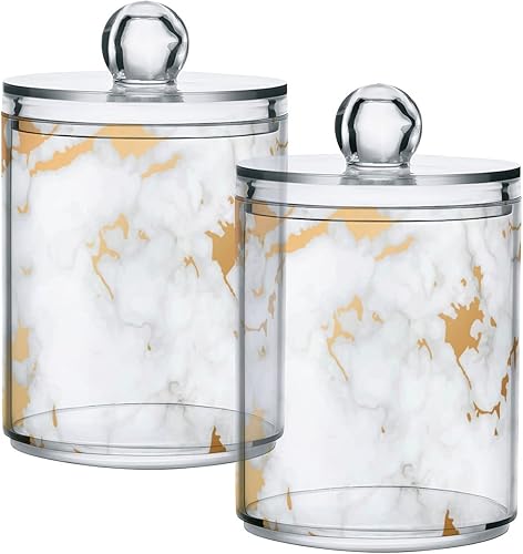 ALAZA Paquete de 2 dispensadores de soporte Qtip para bolas de algodón, mármol gris, blanco, oro, hisopo de algodón fluido, almohadillas redondas de
