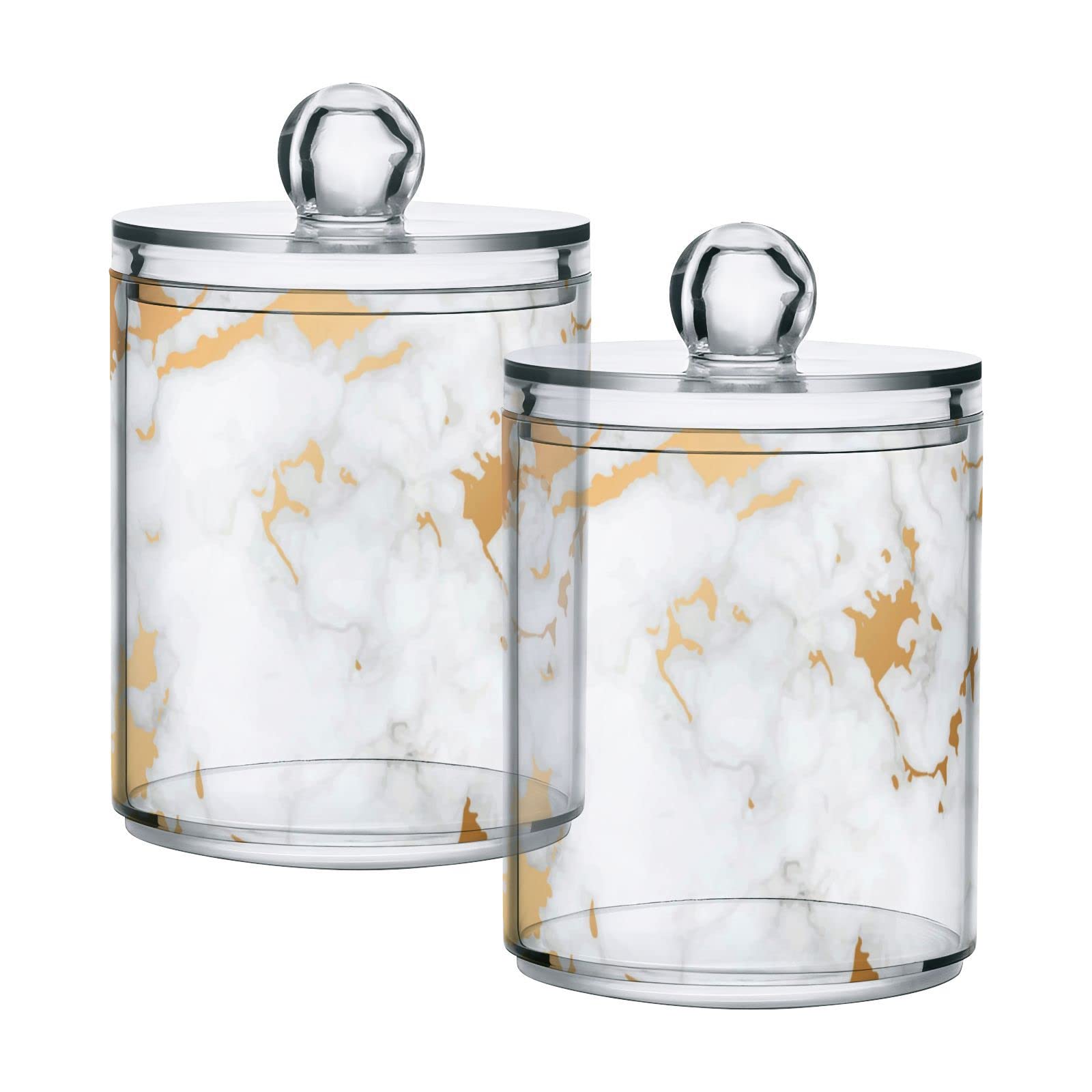 ALAZA 2 Pack Qtip Holder Dispenser for Cotton Ball Gray Marble White Gold Fluid Cotton Swab Cotton Round Pads Clear Plastic Acrylic Jar Set Bathroom Canister