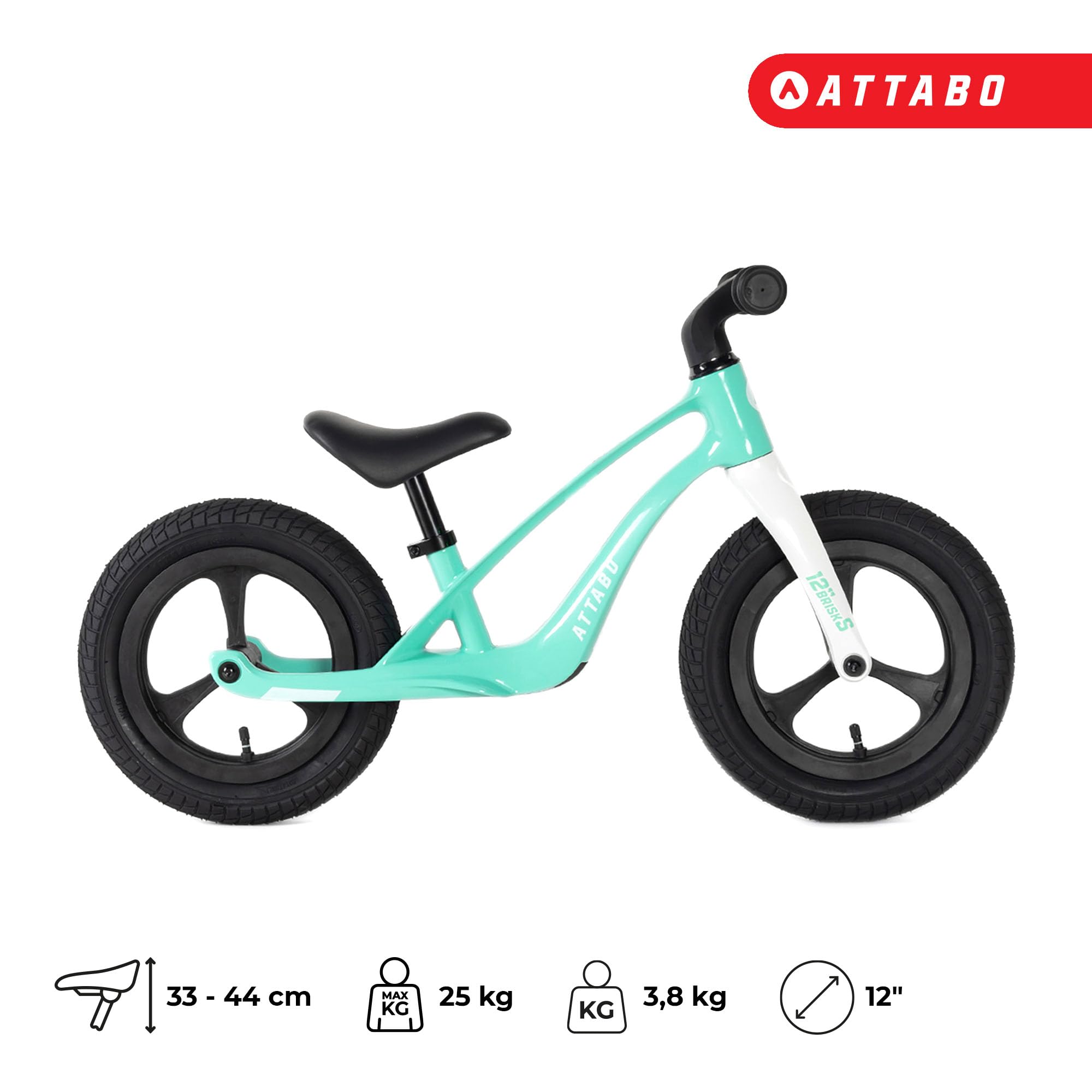 ATTABO Brisk S rowerek dziecięcy 12" niebieski – lekka rama magnezowa, regulowane siodełko, podnóżki, cechy bezpieczeństwa, 3,8 kg