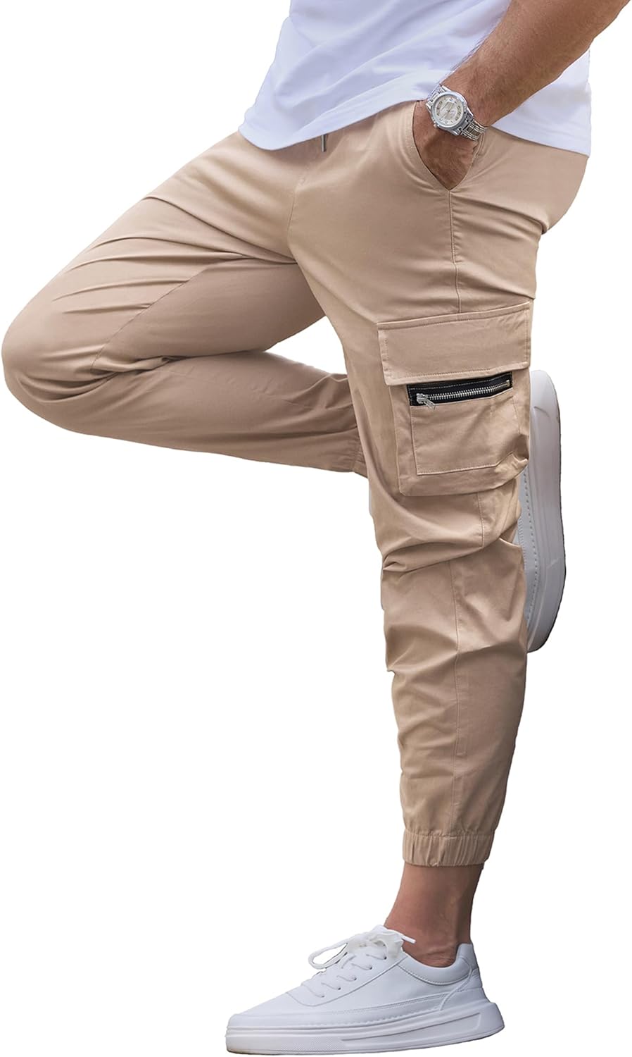 JEMLDL Mens Casual Cargo Joggers Pants—Pure Cotton Chino Pants Drawstring Hiking Outdoor Twill Sweatpants with Zipper Pocket - Image 7