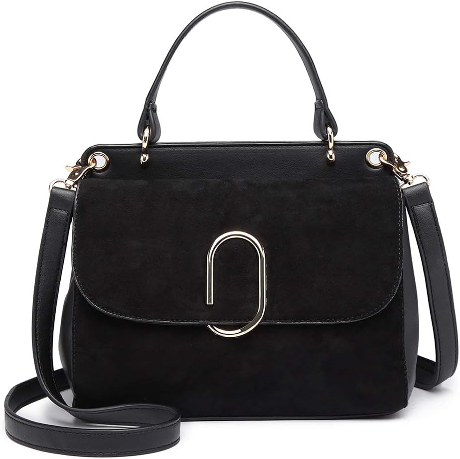 Women's PU Leather Handbag with Suede Panel, Top Handle Shoulder Bag Crossbody Purse, Elegant Saddle Messenger Bag with Detachable Strap for Work Wedding Evening Daily Use