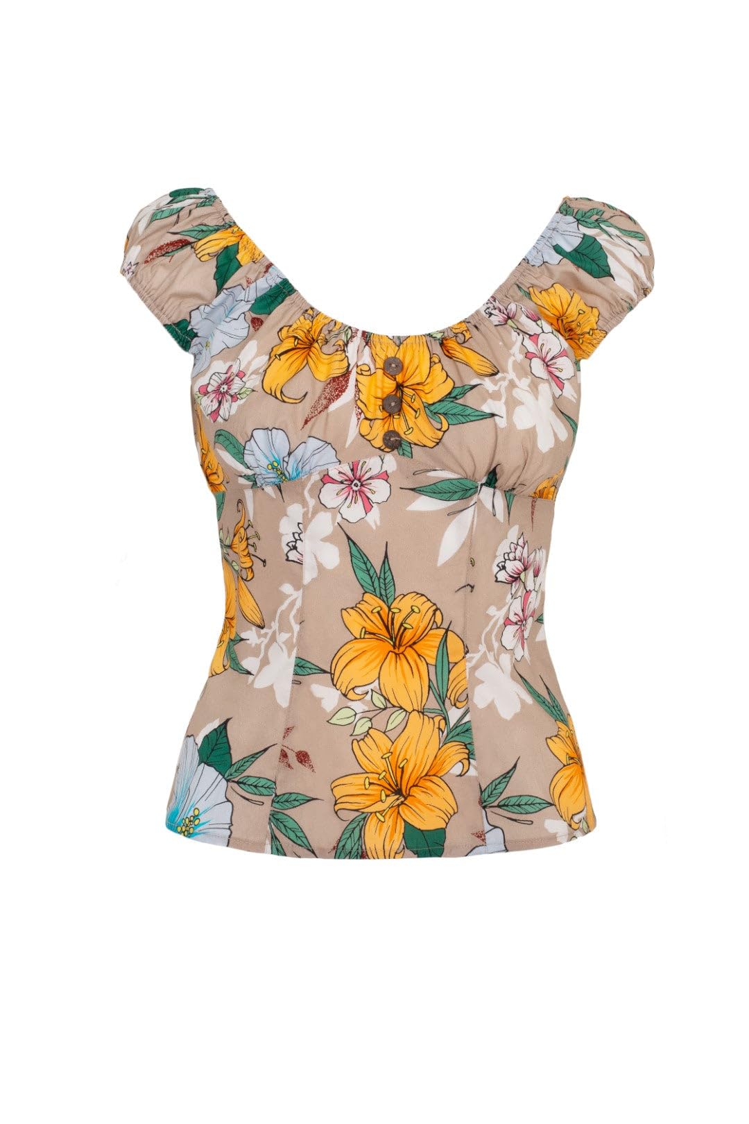 Hell Bunny Women's Beige Pattaya Printed Floral Elasticated Neck Edge Top In | Size: Xl