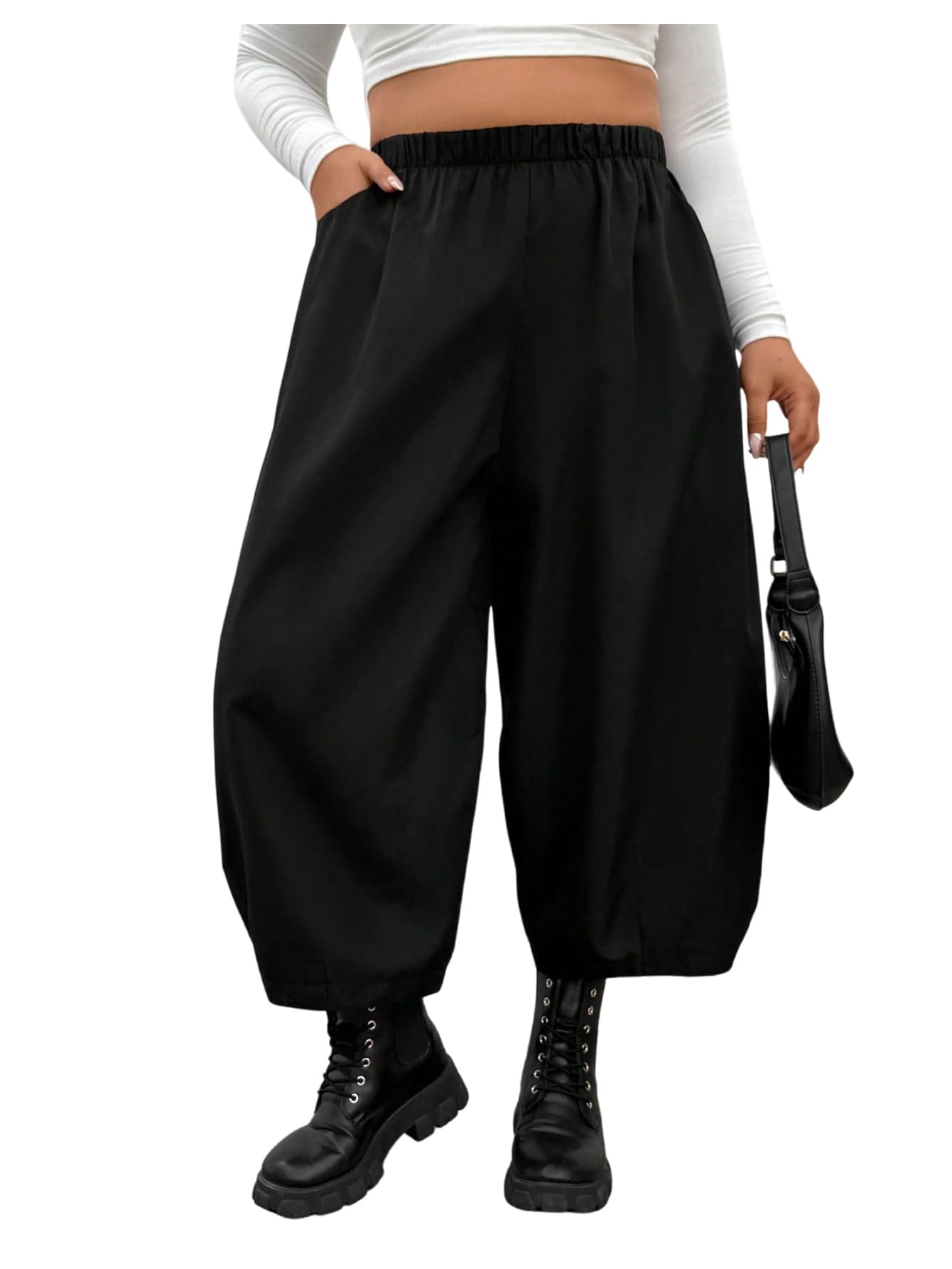 GORGLITTER Womens Plus Size Barrel Cargo Pants Casual High Waisted Wide Leg Harem Slacks Cropped Pants with Pockets
