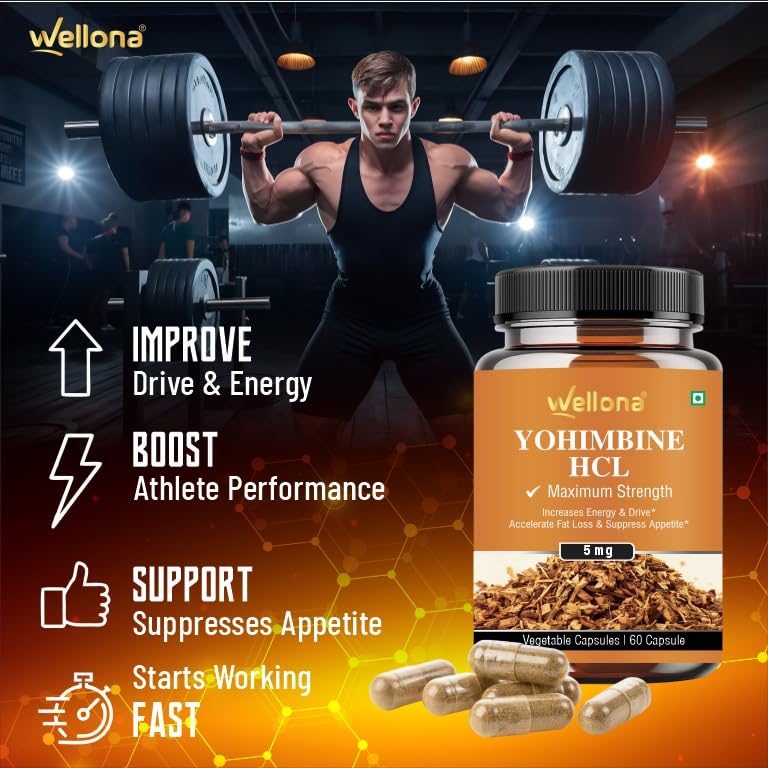 Image of Wellona Yohimbine HCL 5mg Capsules | Yohimbe Extract Pre-Workout Supplement | Vegan Energy & Focus Formula for Men & Women | Premium Herbal Capsules | 60 Capsules (Pack of 3)