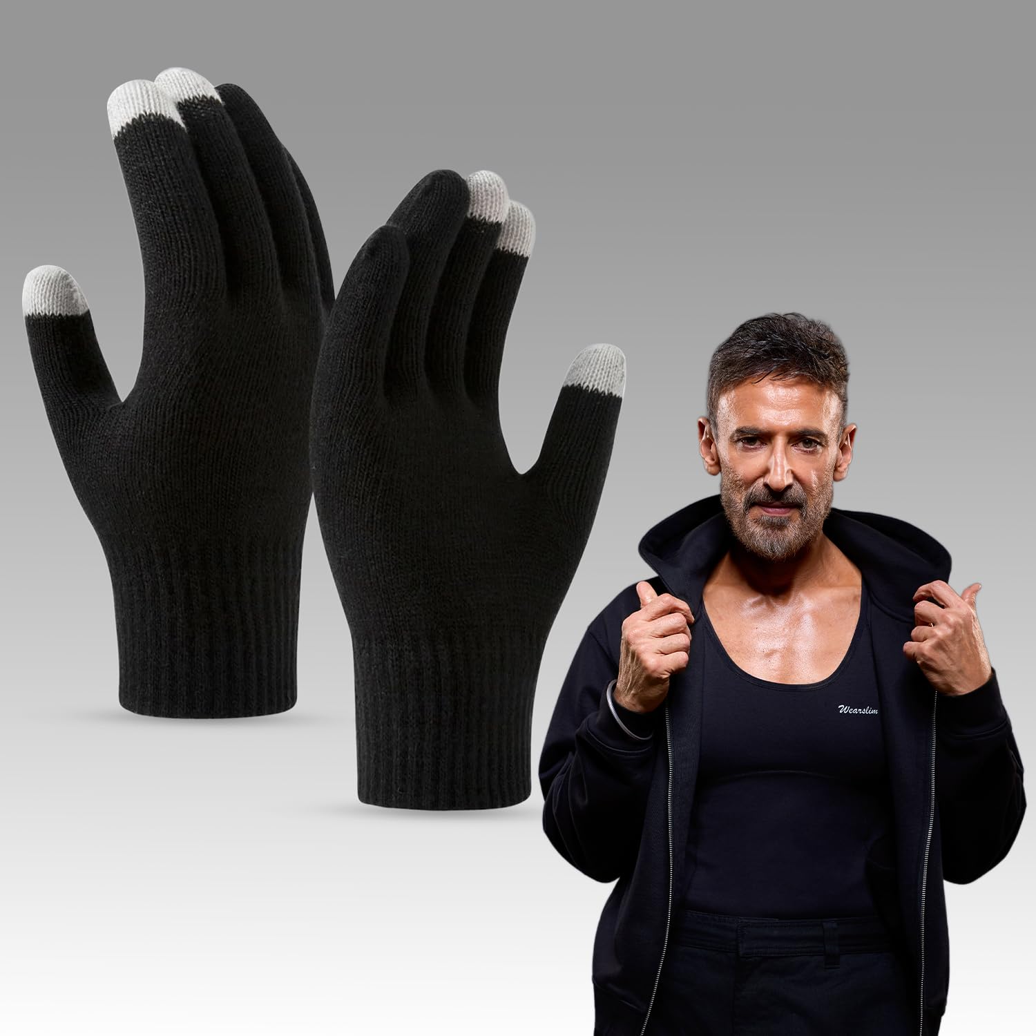 Wearslim Premium Super Soft Winter Unisex Elastic Touchscreen Thermal Hand Gloves for Men & Women, Woolen Knitted Winer Gloves for Driving, Texting & Outdoor Activities - Black
