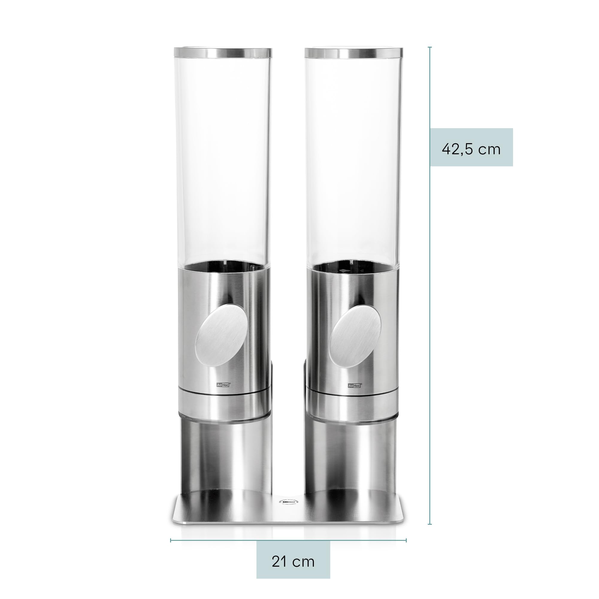 AdHoc Deposito 2er Cerealienspender Set mit Ständer aus Edelstahl | Für Müsli, Cornflakes, Reis und Nüsse, mit Aromaschutzkappe und krümelfreier Portionierung