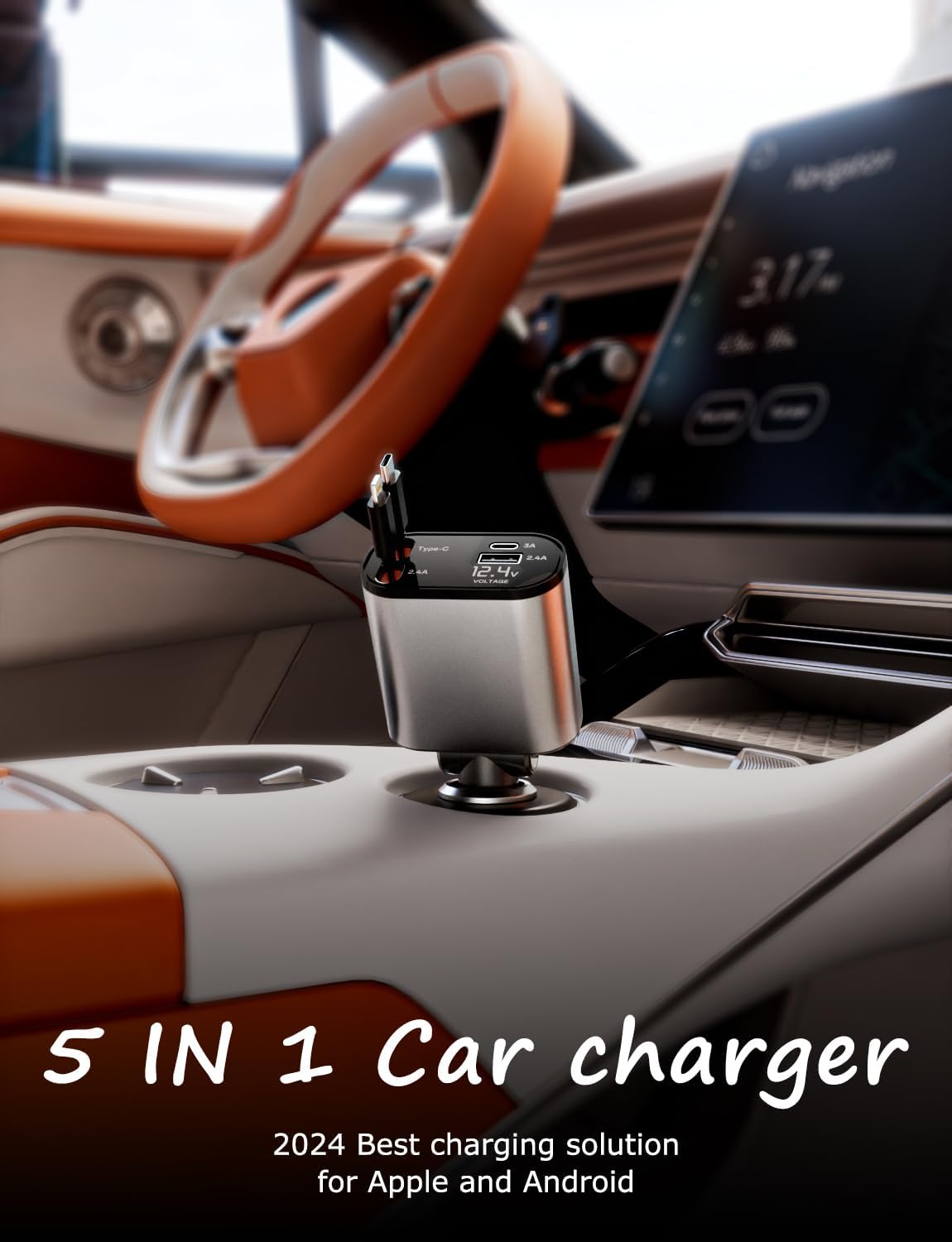 Retractable Car Charger with Dual Retractable Cords, Type-C Cable Fast Charging Up to 100W, 4 in 1 Fast Car Phone Charger with Voltage Display for iPhone 15/14/13/12 Pro Max,iPad,Samsung