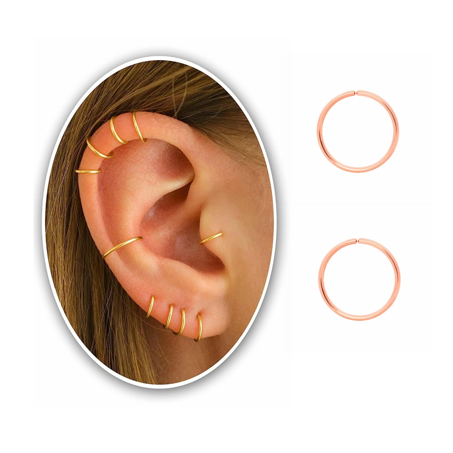 Small Cartilage Hoop Earrings for Women/Men, Thin Piercing Hoop Ring for Helix, Tragus, Conch, Nose (1 Pair 9mm,22g,14K Rose Gold Filled)