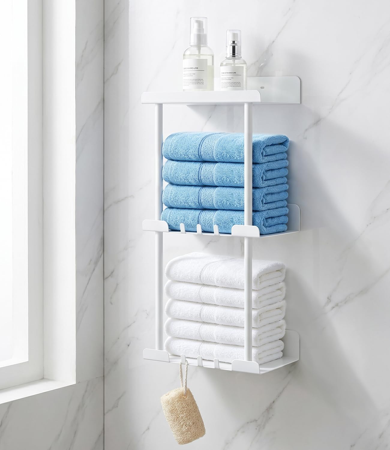 Toallero de baño, toallero de baño, toallero de baño, toallero sin taladrar, toallero de invitados con 6 ganchos para toallas, toallero de pared, toallero para pegar, color blanco