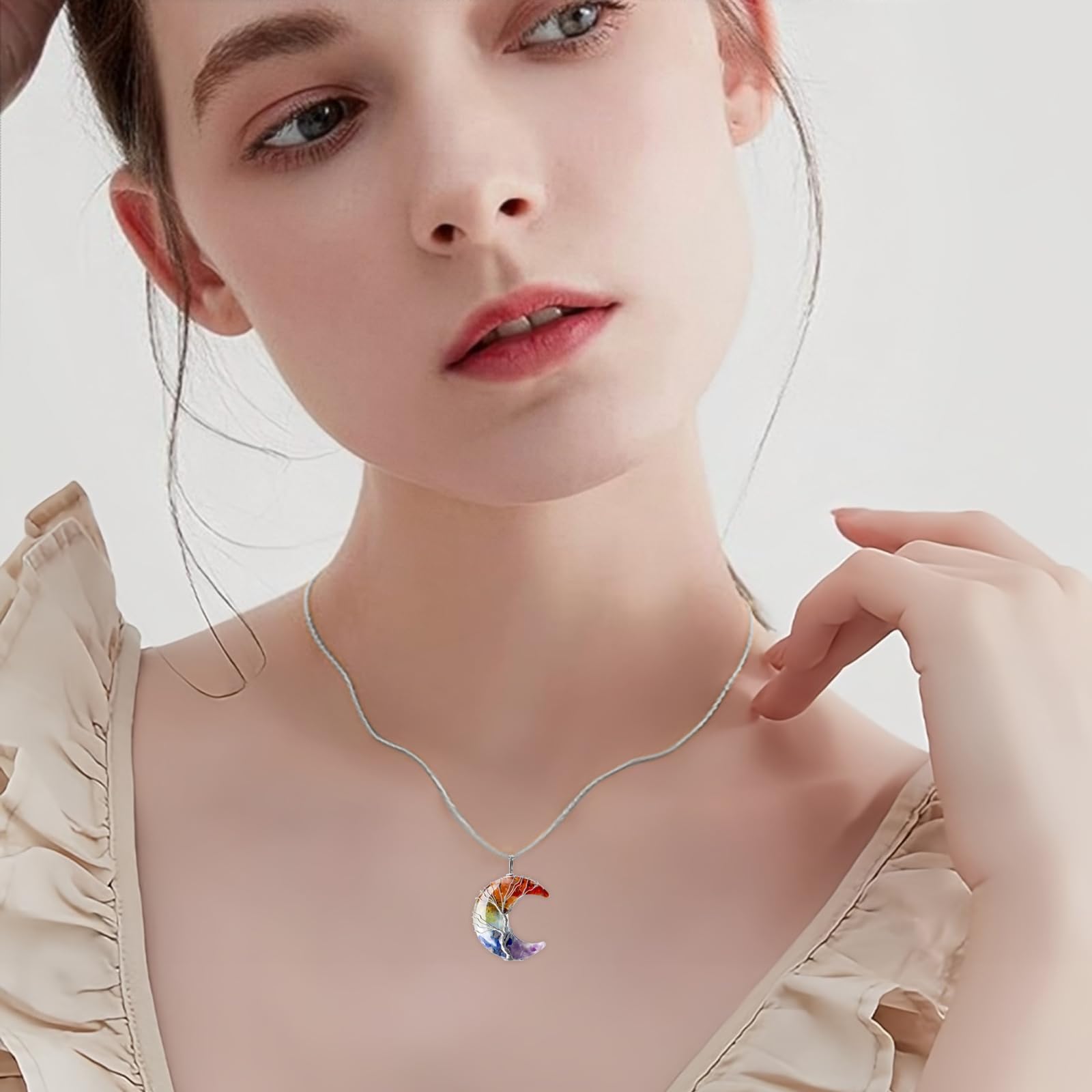Collana esagonale con cristalli aura, pietre curative e cristalli, pietre chakra, pietra energetica, corda in pelle nera regolabile, per uomo e donna (pietra di luna)
