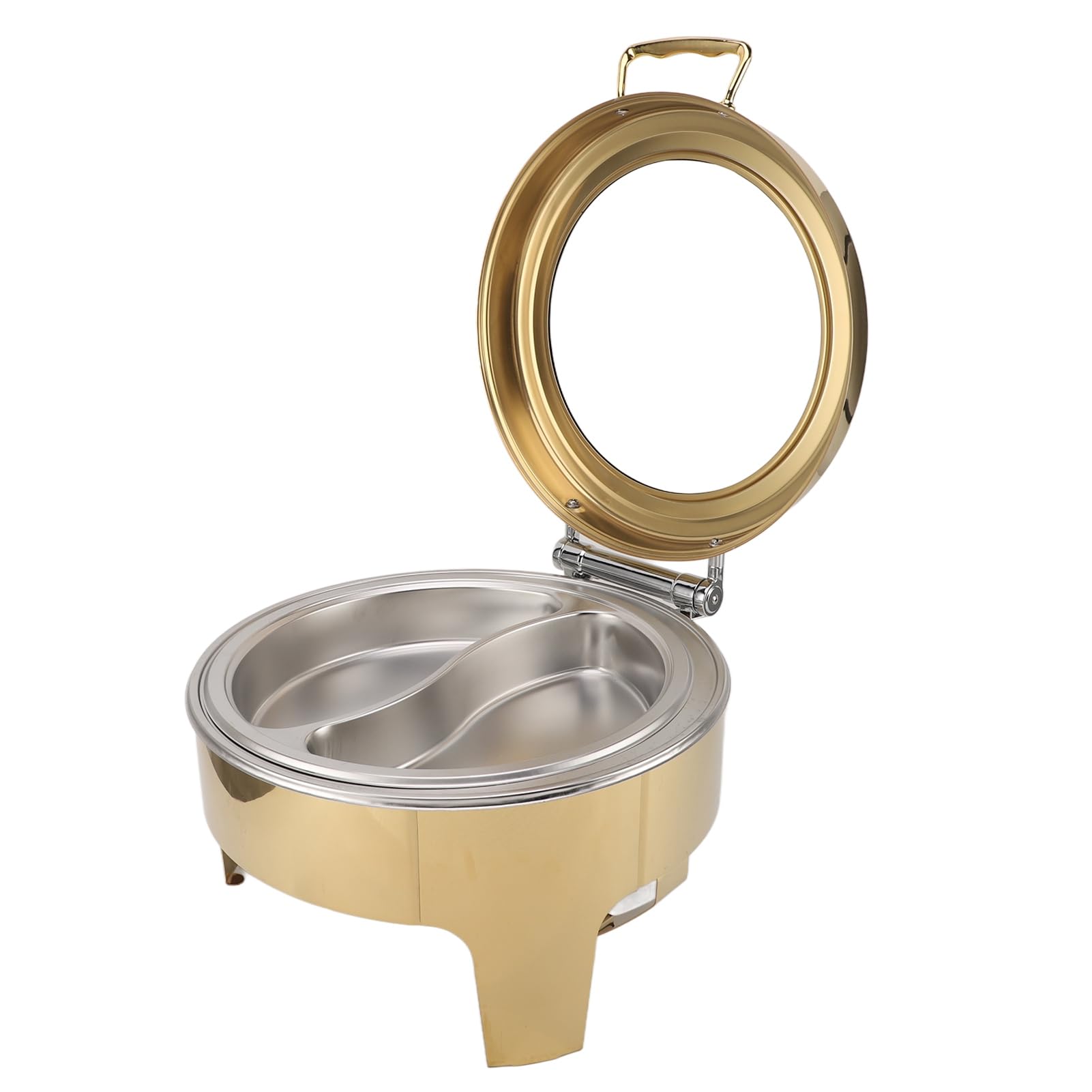 Cocoarm Plato de Frotamiento Redondo para Buffet Calentadores de Comida para Buffet Redondos de Acero Inoxidable 6L Visual Dorado Tapa Abatible de 90 Grados Calefacción con Alcohol para Hotel,