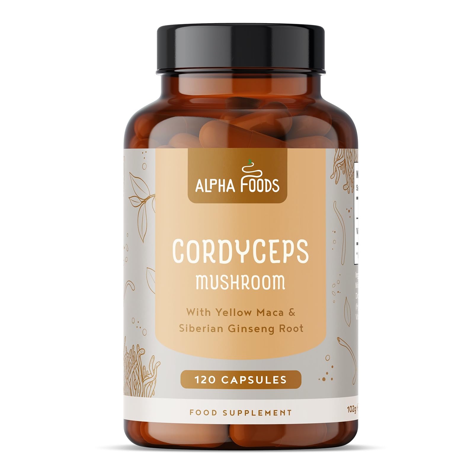 Cordyceps Kapseln hochdosiert | 1000mg Pilz Extrakt (4:1) pro Tagesdosis (4000mg Cordyceps) | Pilze mit Zink, Maca und Ginseng für Fokus und Immunsystem | Vegan | 120 Stück | Alpha Foods