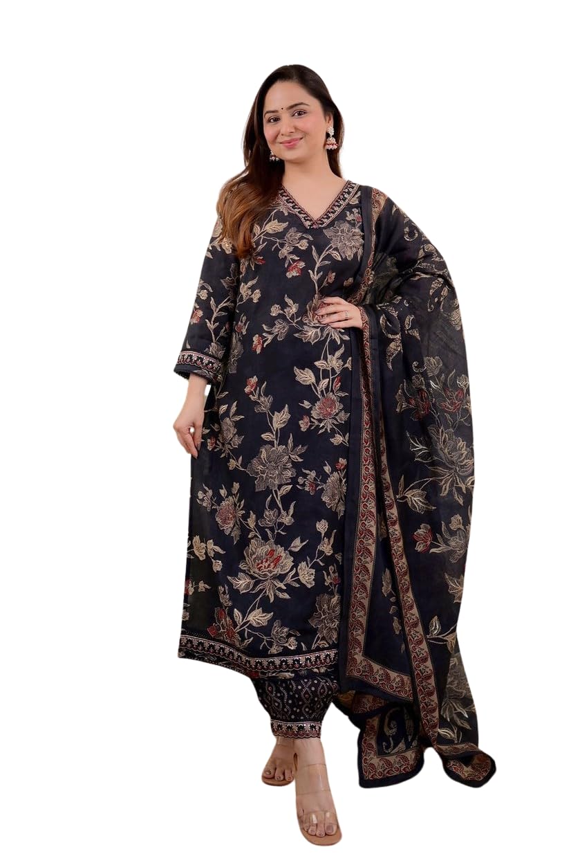 AabulyaMart Women's Cotton Floral Printed Straight Kurti with Afghani Style Pant and Dupatta Set (Black)-picture-42