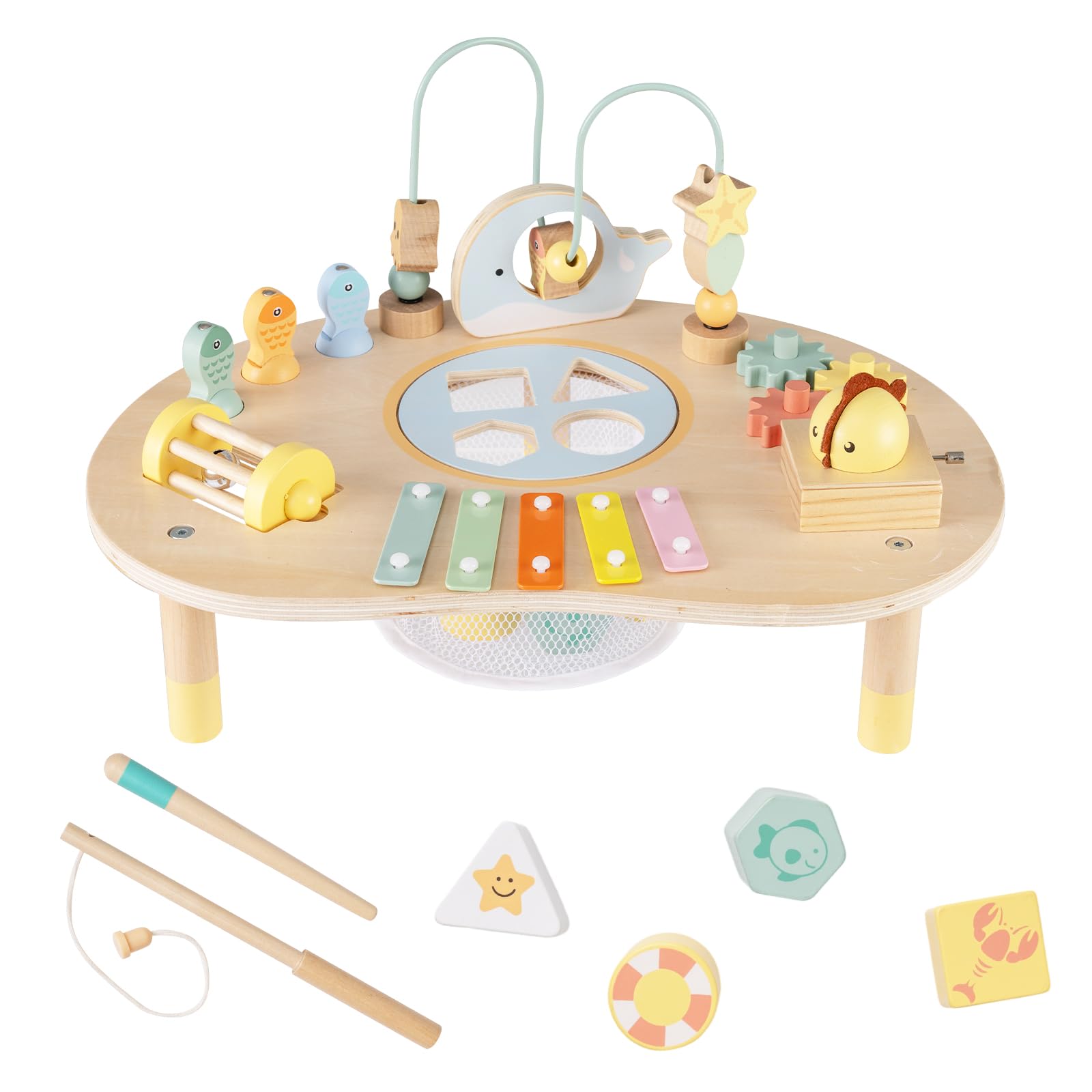 COSTWAY Centro di Attività Musicale in Legno Tavolo Multiattività Bambini 7-in-1 con Labirinto di Perle Xilofono Giochi Montessori