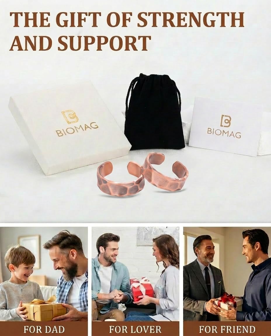 BioMag Anelli in rame puro al 100% per uomo e donna (2 pezzi) - Rame massiccio grezzo, non rivestito, fatto a mano, regolabile, design aperto in stile tibetano (superficie martellata)
