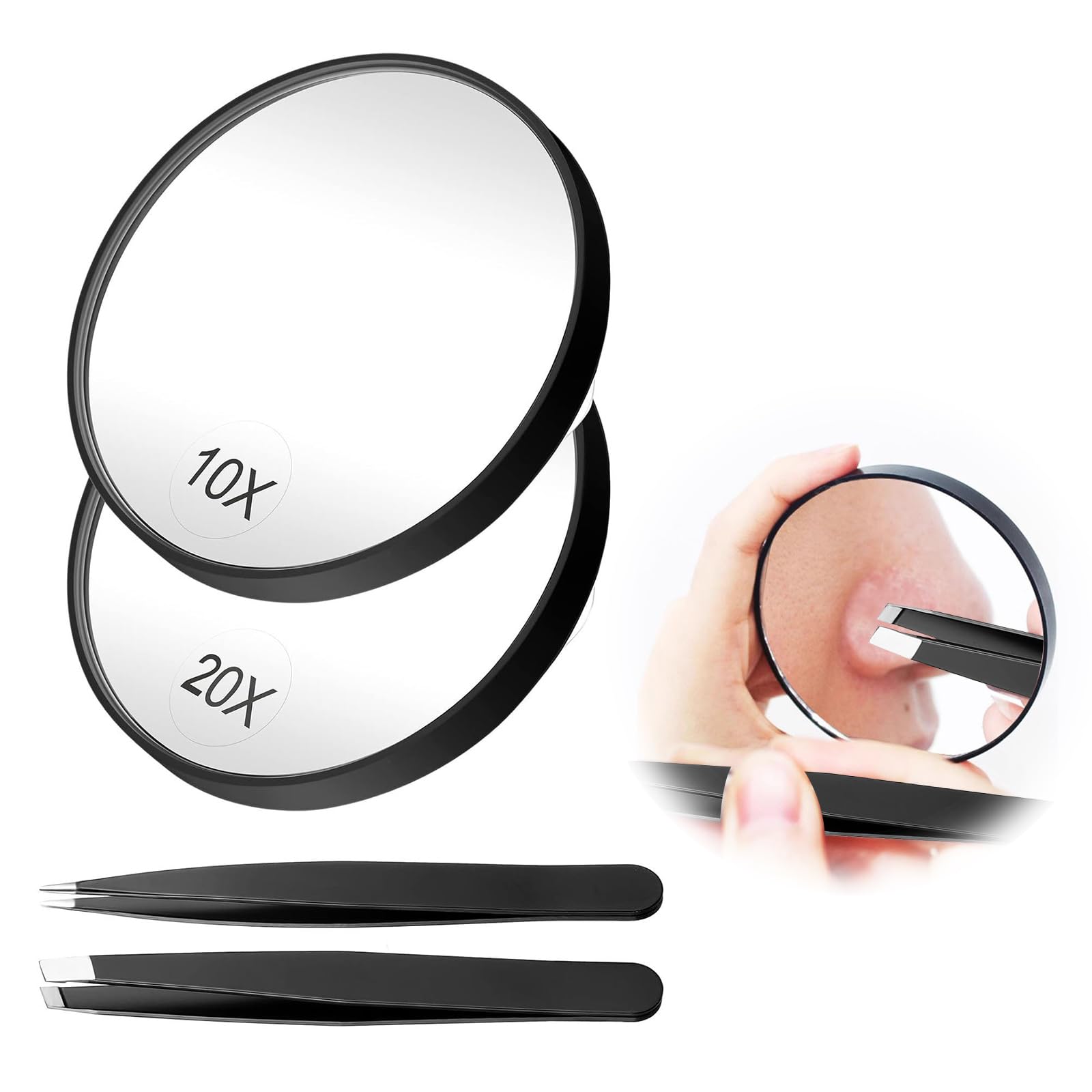 Magnifying Mirror, 10X & 20X Pocket Makeup Mirror,Handheld Travel Makeup Mirror,Small Magnifying Mirror with Suction Cup and Tweezers, For eyebrow trimming, removing blackhead blemishes (Black)