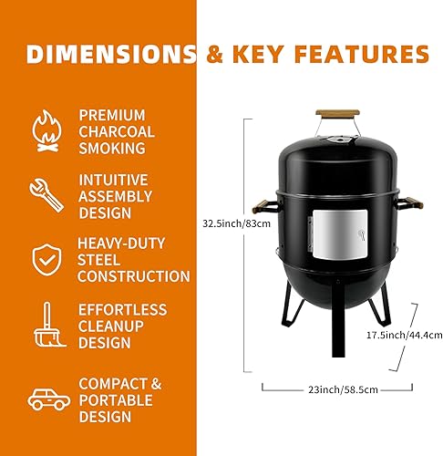 Miniatura 2 de Realcook Parrilla ahumadora de carbón para barbacoa ahumadores verticales de carne de 17 pulgadas de alta resistencia - Combo de ahumador de carbón