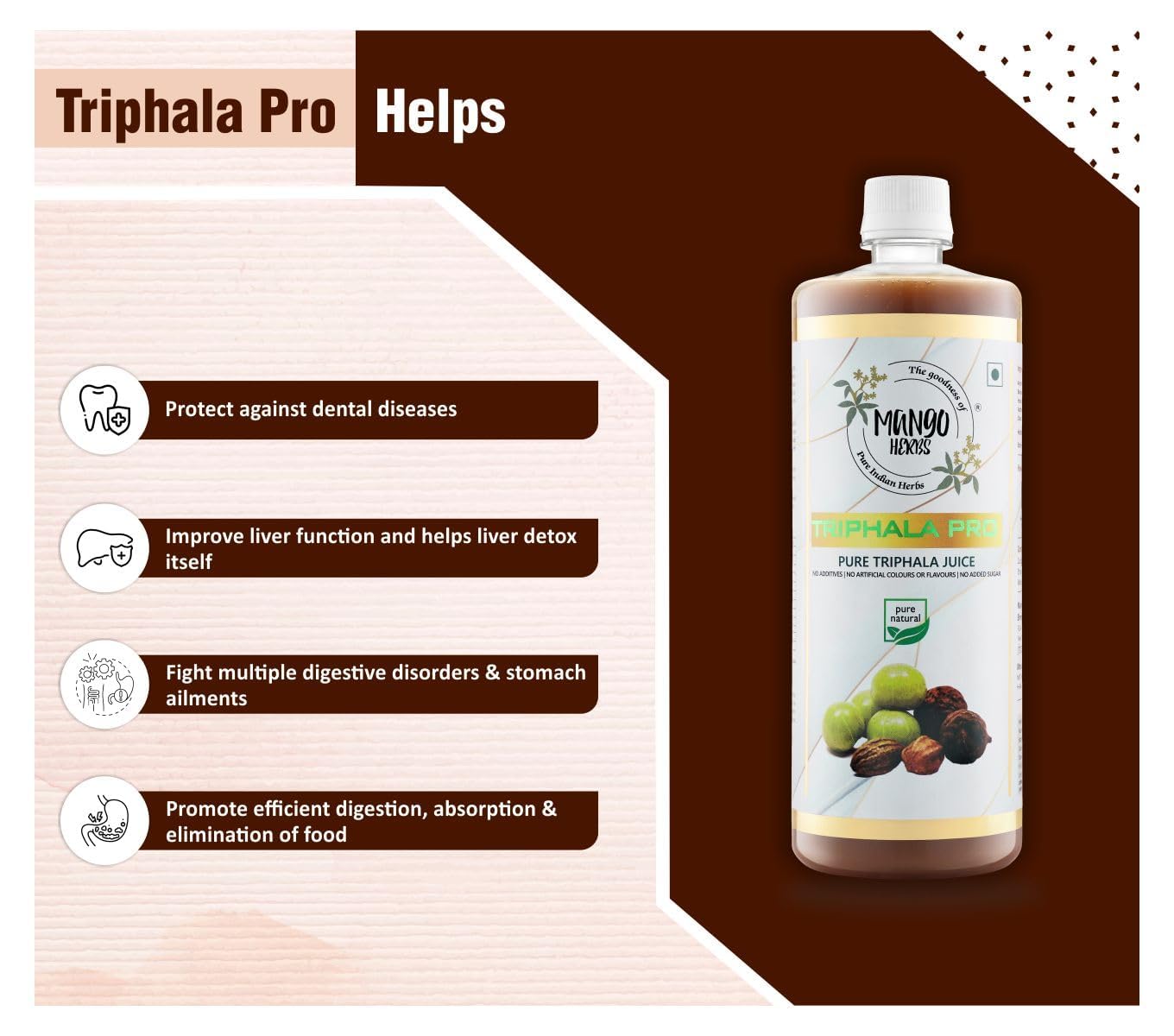 Mango Herbes Tripla Pro: 100% raw and cold-presh Tripla juice (Amla, Baheda, Hard) | Optimal digestion, intestine health, liver detox and immunity | 1ltr | 1 pack of 1 Mango Herbes Tripla Pro: 100% raw and cold-presh Tripla juice (Amla, Baheda, Hard) | Optimal digestion, intestine health, liver detox and immunity | 1ltr | 1 pack of 1