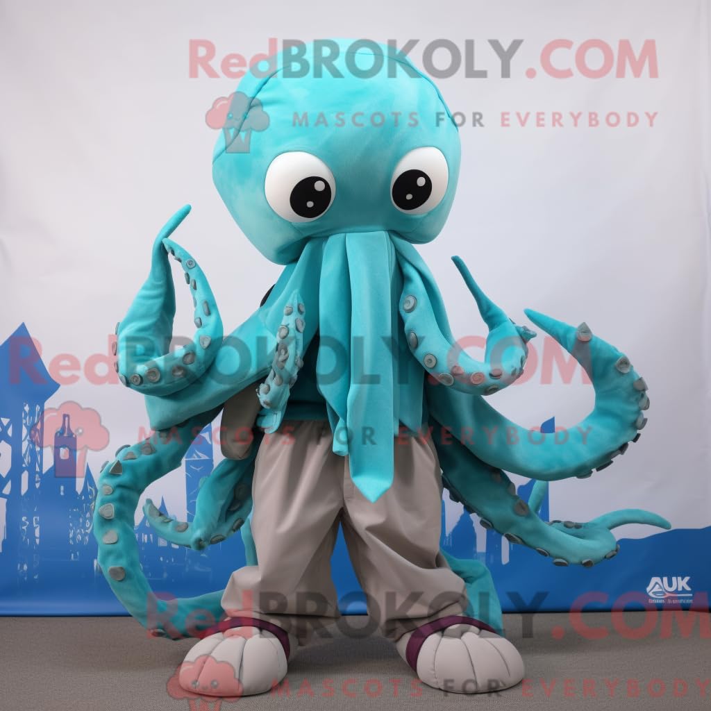 Turkus Kraken maskotka kostium postać ubrana w spodnie cargo i szaliki