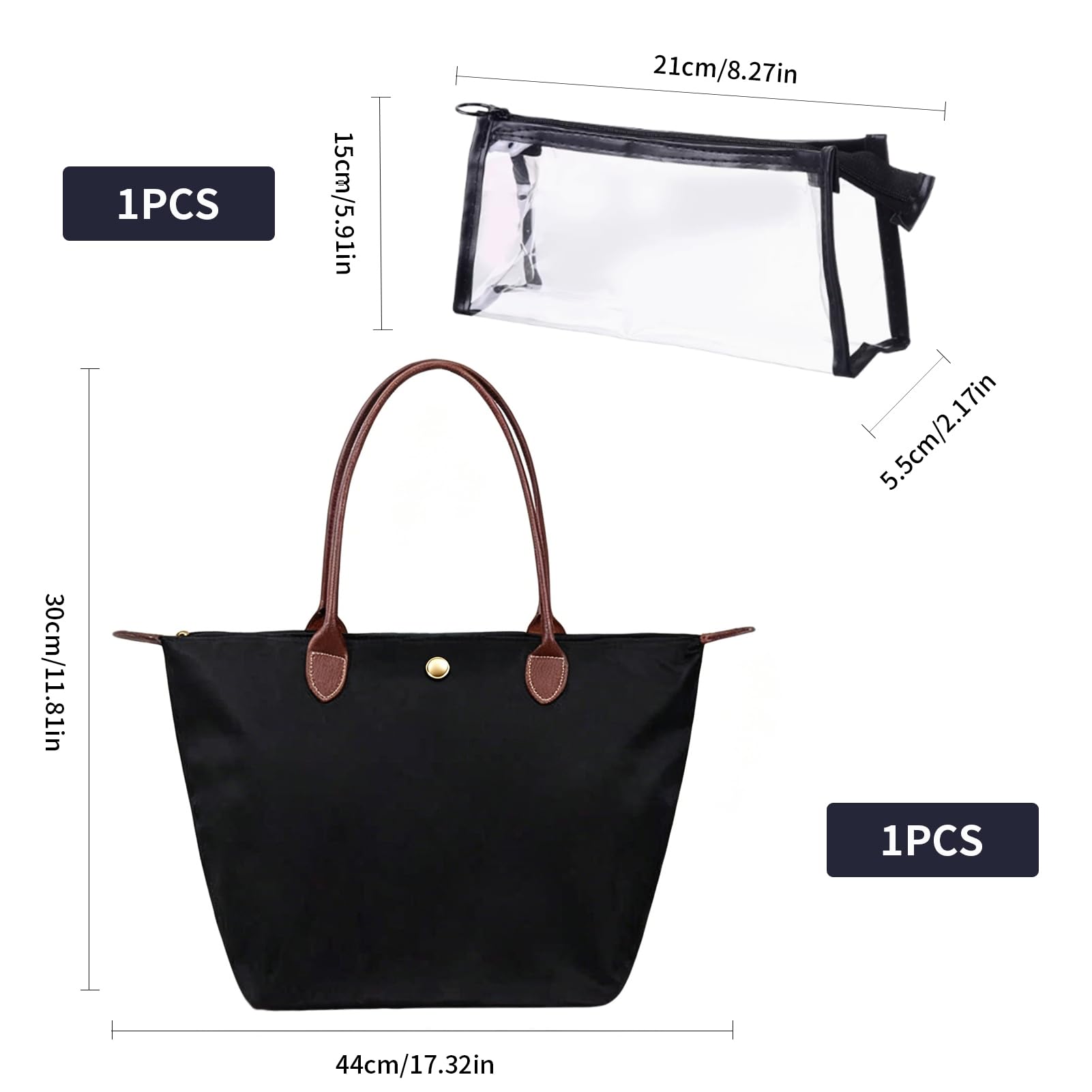 1 Umhängetasche + 1 Kosmetiktasche Groß, Damen Taschen Set, Faltbare Handtasche Schule, wasserdichte Schultertasche, Reisetasche Shopper für Alltag & Büro (Schwarz)
