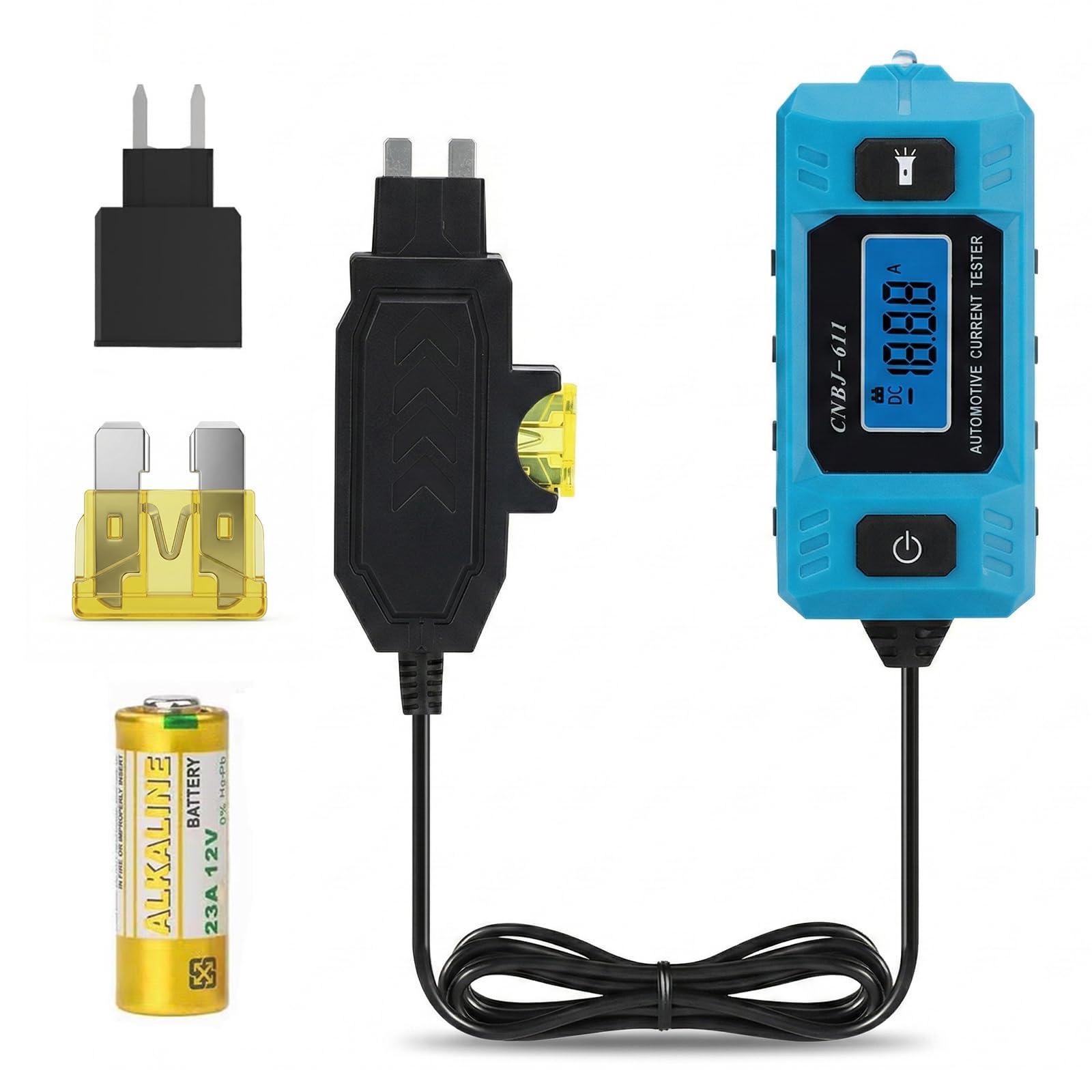 Automotive Circuit Fault Probe Tester, 20A 48V Parasitic Draw Tester for Car Fuse Circuits, Inline Current Monitor with Overcurrent Detection, Mini & Standard Blade Fuse Compatible
