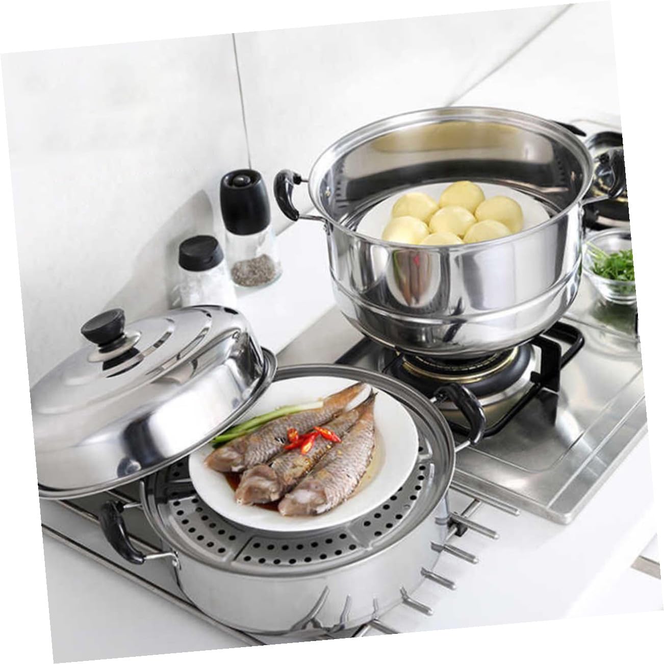 MAGICLULU Dampfgarer aus Edelstahl mit Drei Lagen Großer Fassungsvermögen Multifunktional zum Dämpfen und Kochen Geeignet für Zuhause und Induktionskochfelder