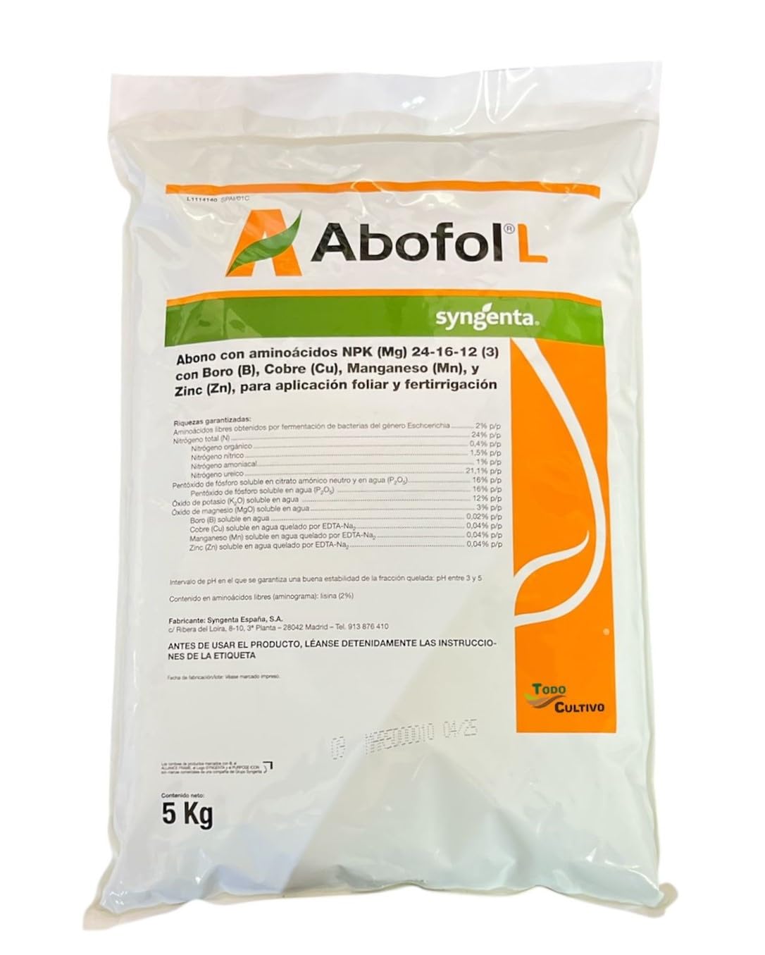 Abono foliar con aminoacidos NPK 24-16-12 5kg con boro, cobre, manganeso y zinc, foliar y fertirigacion. ABOFOL SYNGENTA.