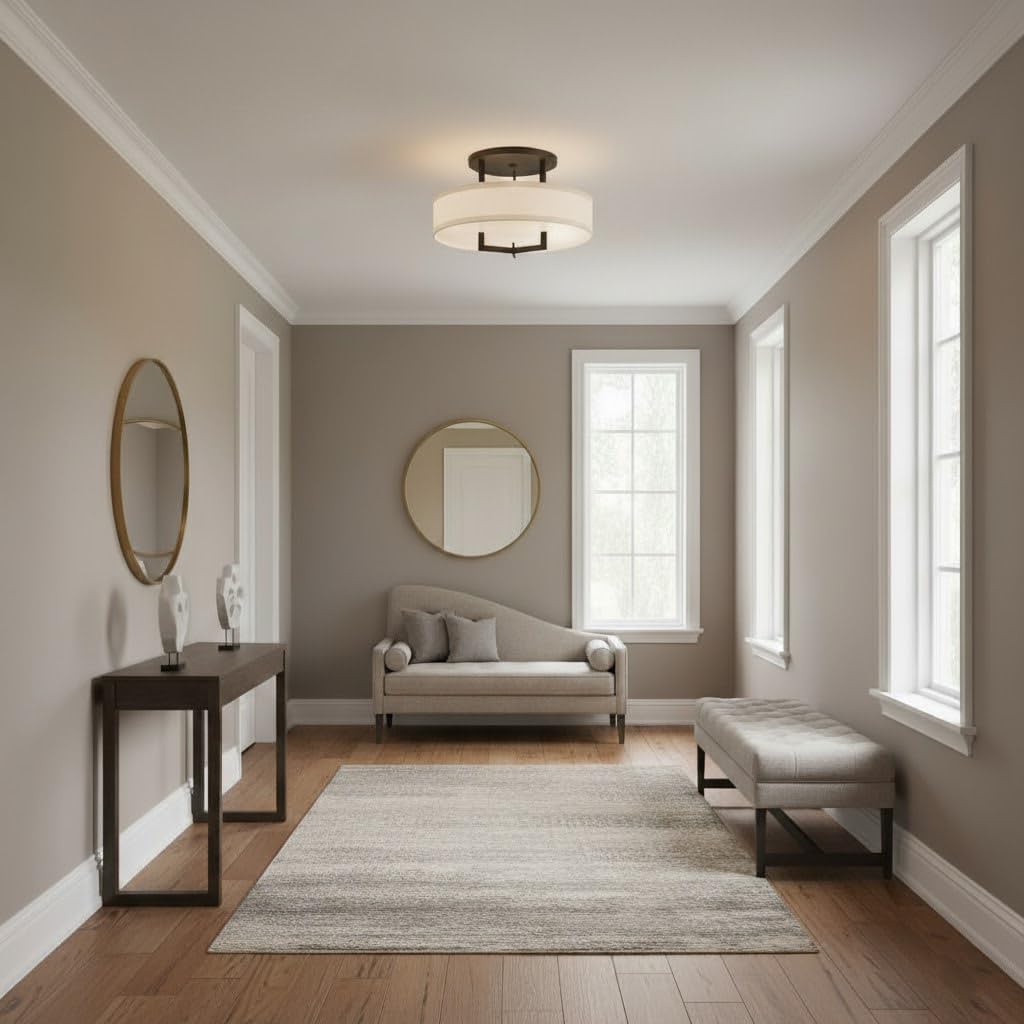 Hinkley Hampton Semi-Flush Three Light 20-in Dia. Ceiling Mount, Off-White Linen Drum Shade, Acrylic Diffuser, Buckeye Bronze Finish