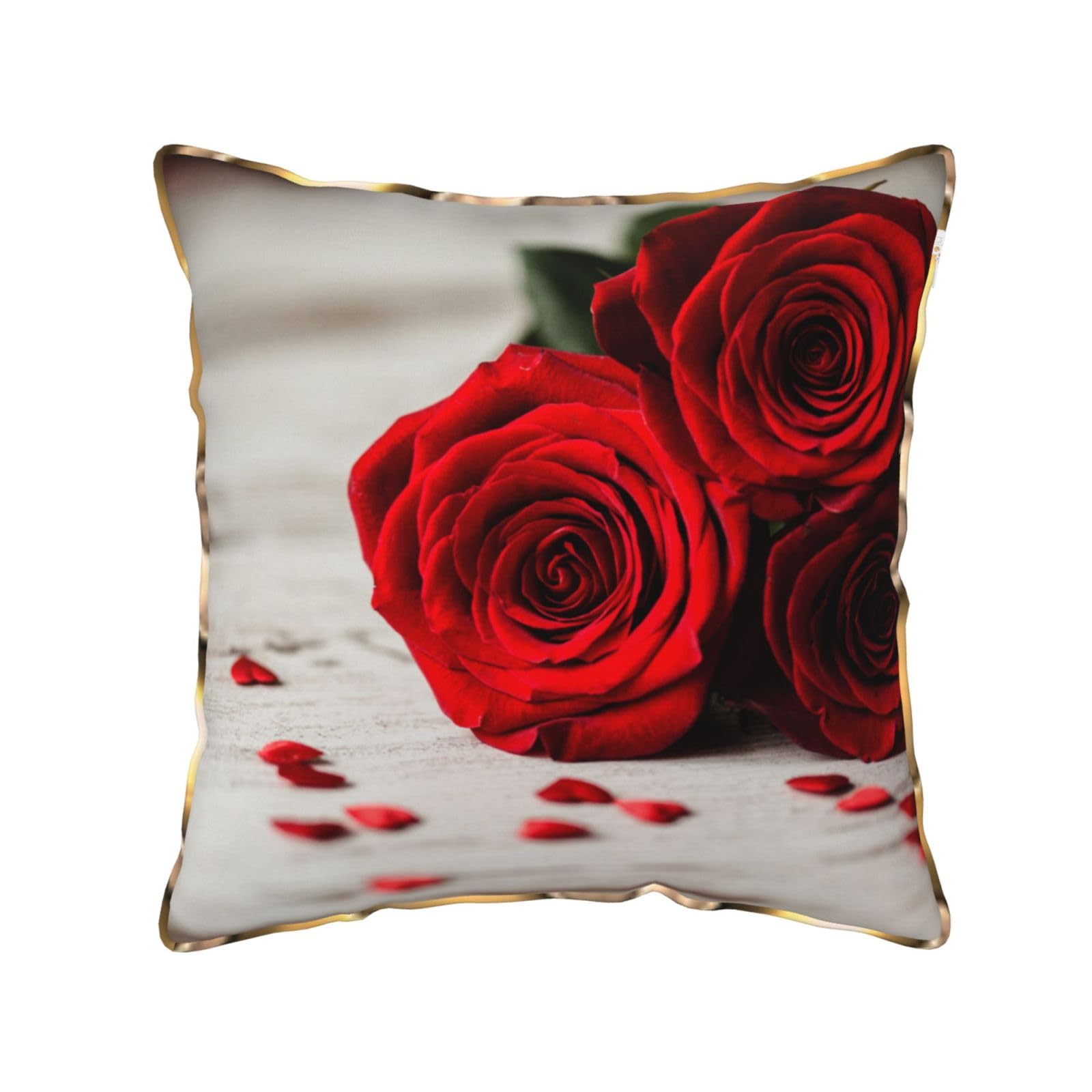 AUBKFELD Rose Printed Velvet Cushion Cover 45x45 CM with Gold Edging Strip, Square Pillowcase Soft Throw Pillow Covers Case Decorative for Living Room Sofa Couch Bed Bench