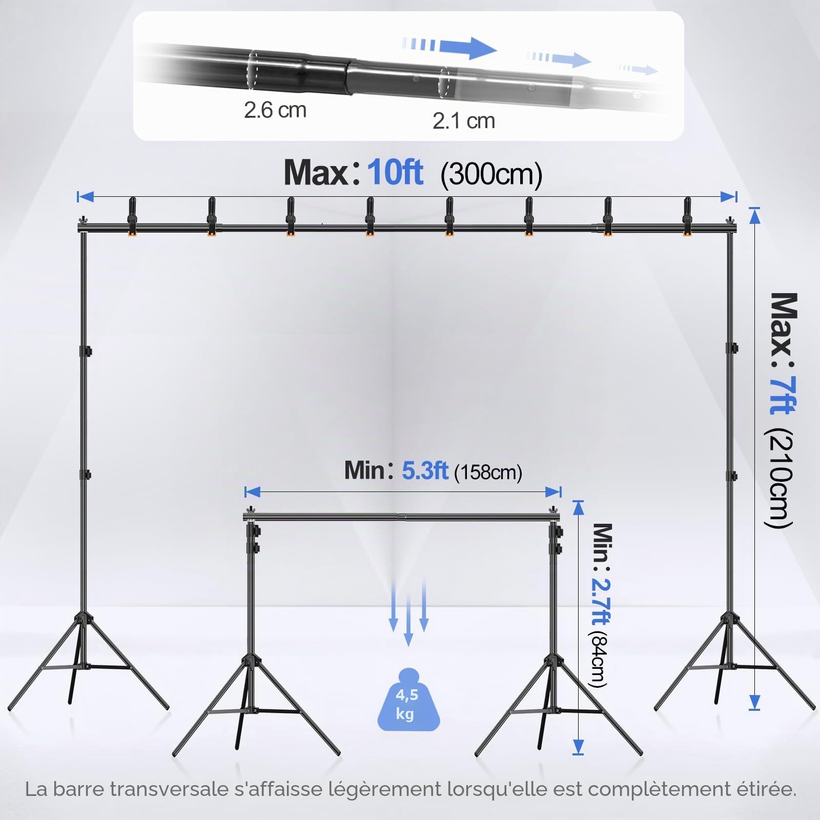 EMART Support Fond Photo, 2x3m de Support Toile de Fond Réglable avec 8 Pinces, 2 Sacs de Sable et Sac de Transport pour Studio Photo, Vidéo, Fête, Mariage